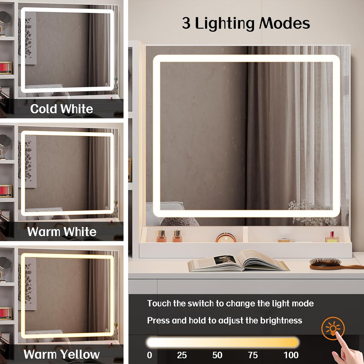 Haewon White Vanity Desk with Mirror and Lights, Makeup Vanity with Charging Station and 3 Lighting Modes, Dressing Table Set with Storage Cabinet, Drawers and Chair for Girls Bedroom