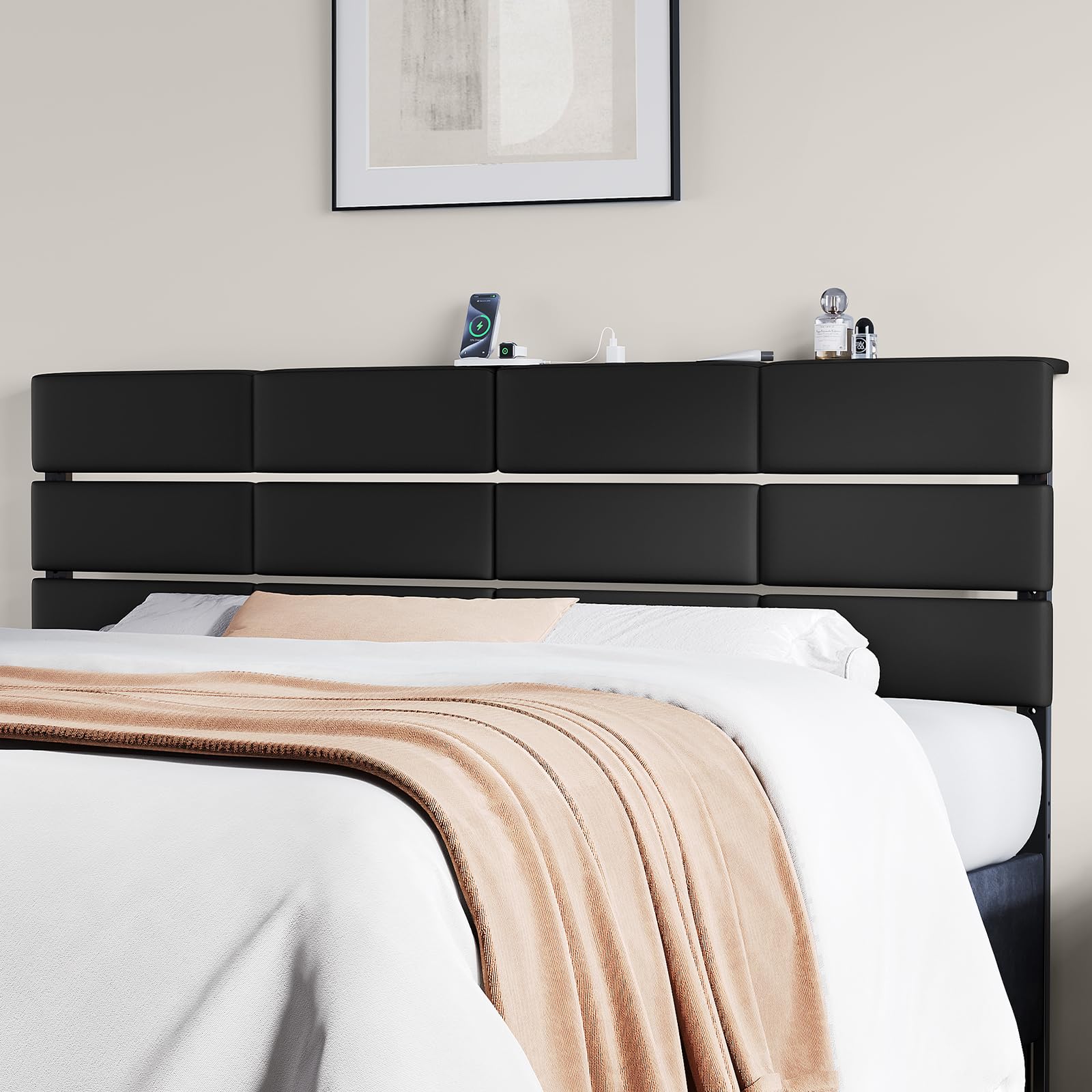 King/Cal King Size Upholstered Headboard, Adjustable Head Boards with LED Light & Charging Station, Bed Headboard Only, Attach Frame, Ideal for Bedroom, Dorm, Guest Room, Dark Grey