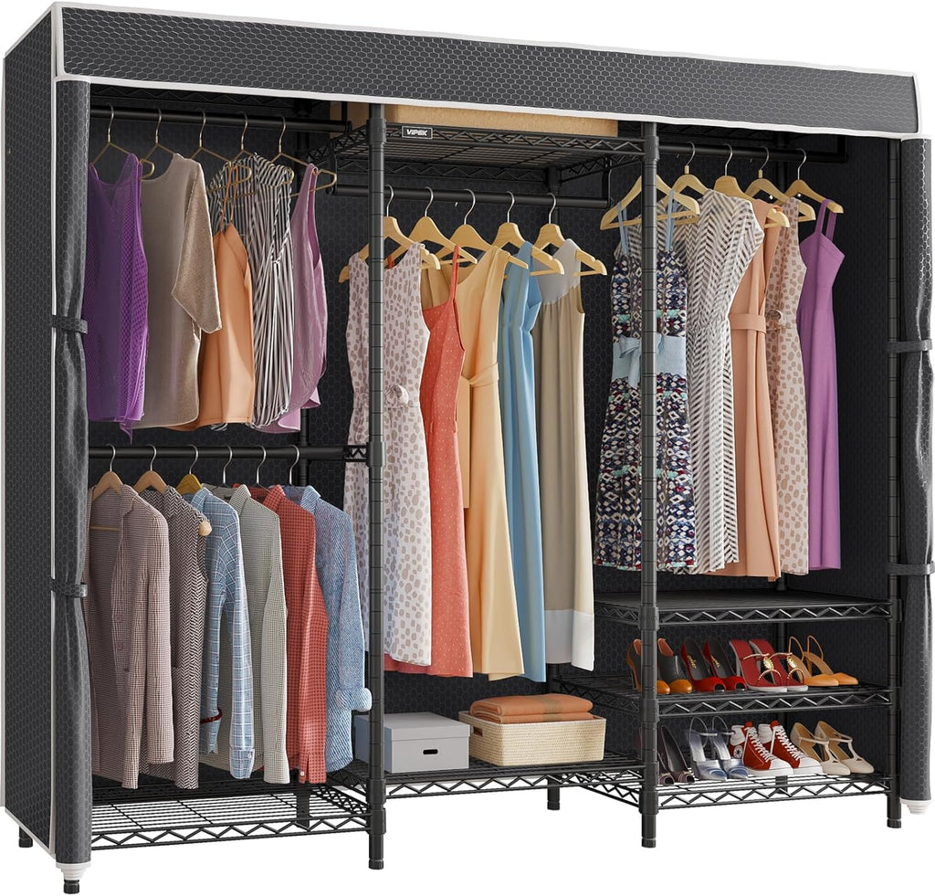 VIPEK V5C Heavy Duty Covered Clothes Rack Portable Closet Rack, Black Metal Clothing Rack with Black Upgarded Polyester Cover, Adjustable Custom Freestanding Closet Wardrobe, Max Load 800LBS