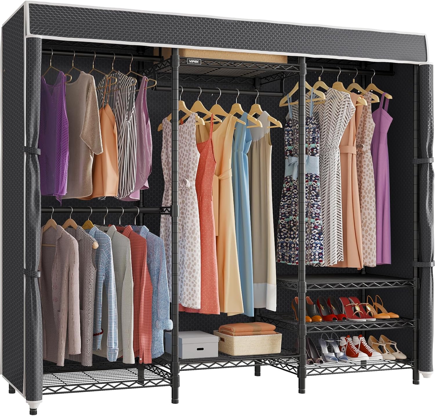 VIPEK V5C Heavy Duty Covered Clothes Rack Portable Closet Rack, Black Metal Clothing Rack with Black Upgarded Polyester Cover, Adjustable Custom Freestanding Closet Wardrobe, Max Load 800LBS