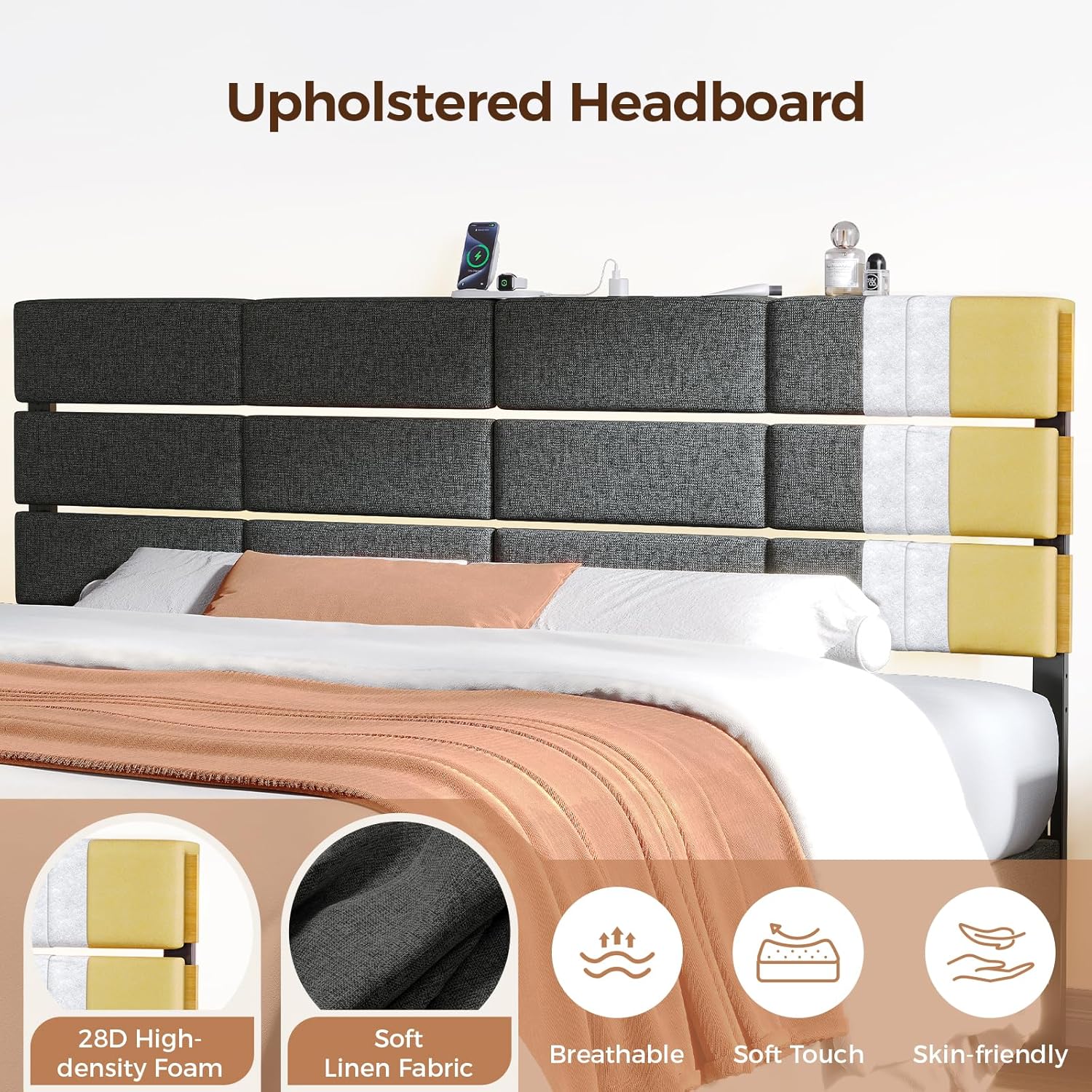 King/Cal King Size Upholstered Headboard, Adjustable Head Boards with LED Light & Charging Station, Bed Headboard Only, Attach Frame, Ideal for Bedroom, Dorm, Guest Room, Dark Grey