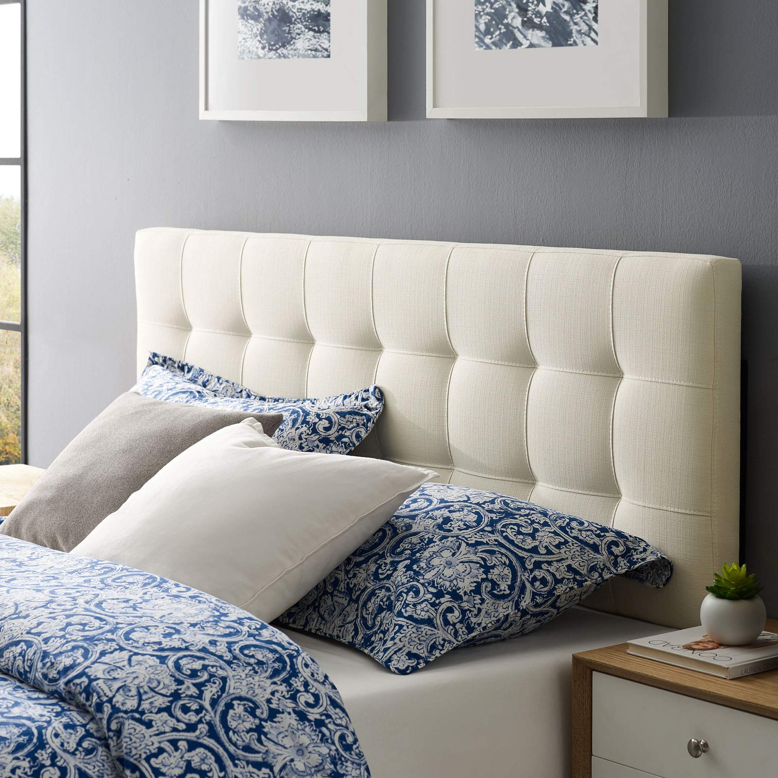 Modway Lily Tufted Linen Fabric Upholstered Full Headboard in Beige