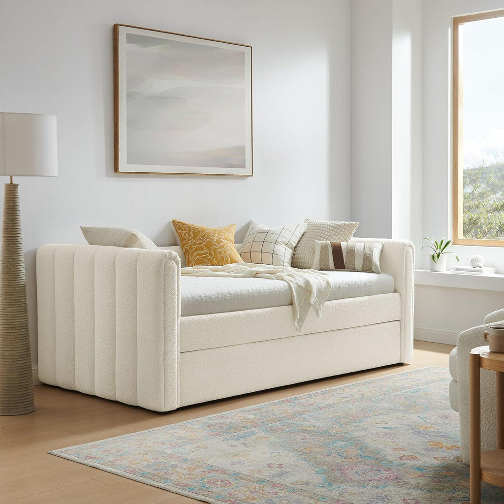 Veyla Twin Size Boucle Fabric Daybed in Cloud with Trundle – Channel Tufted Upholstered Sofa Bed with Wood Slat Support