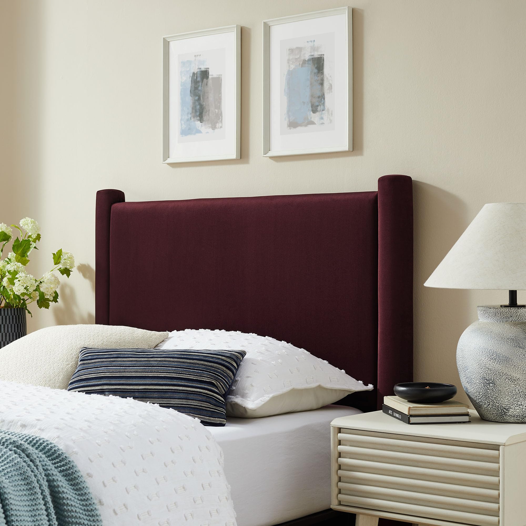 Modway Rael Queen Upholstered Headboard with Pillars in Chocolate Brown – Velvet Headboard – Stain-Resistant Performance Velvet Headboard for Queen Size Beds