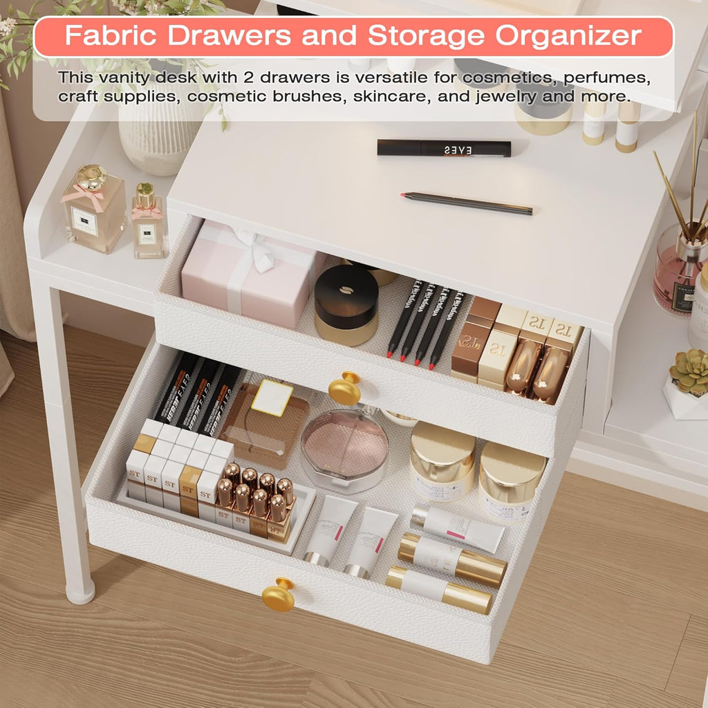 HIGDBFE Vanity Desk with Mirror and Lights, 28.4''W Small Makeup Vanity Table with Height-Adjustable Stand, 2 Fabric Drawers Compact Makeup Desk, Gift for Girls, Bedroom Small Space, White