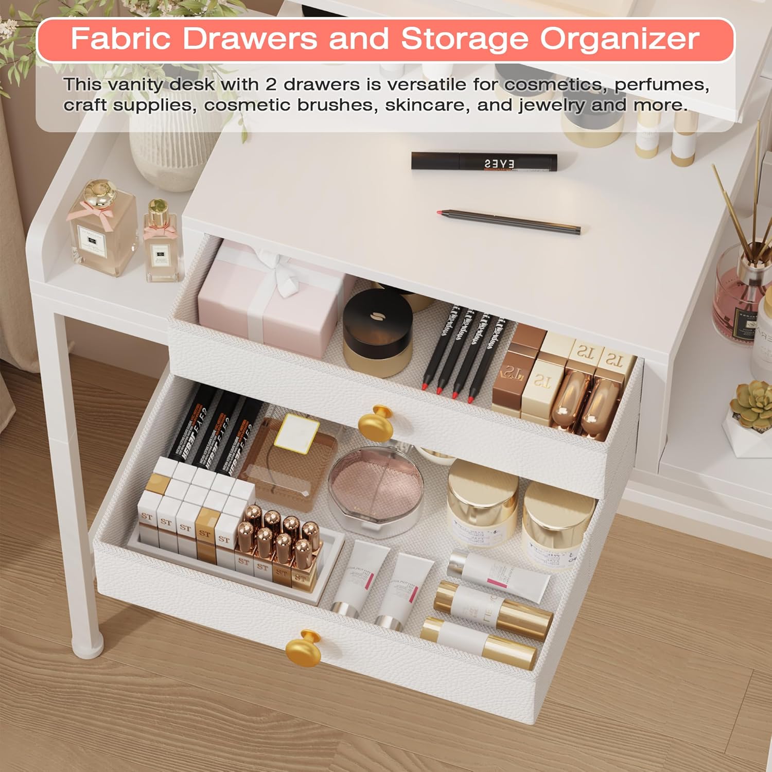 HIGDBFE Vanity Desk with Mirror and Lights, 28.4''W Small Makeup Vanity Table with Height-Adjustable Stand, 2 Fabric Drawers Compact Makeup Desk, Gift for Girls, Bedroom Small Space, White