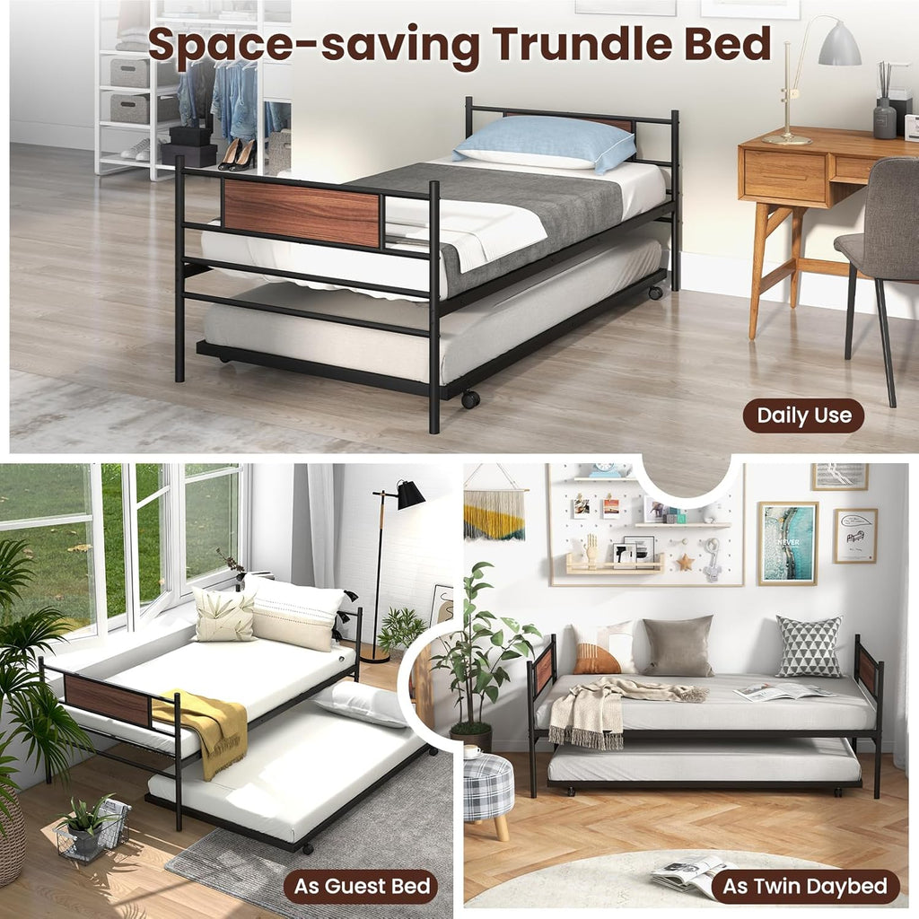 KOMFOTT Twin Metal Daybed with Trundle, Twin Size Sofa Daybed Frame, Heavy-Duty Steel Slats Support Platform Bed, Mattress Foundation, Day Bed with Trundle for Living Room, Guest Room