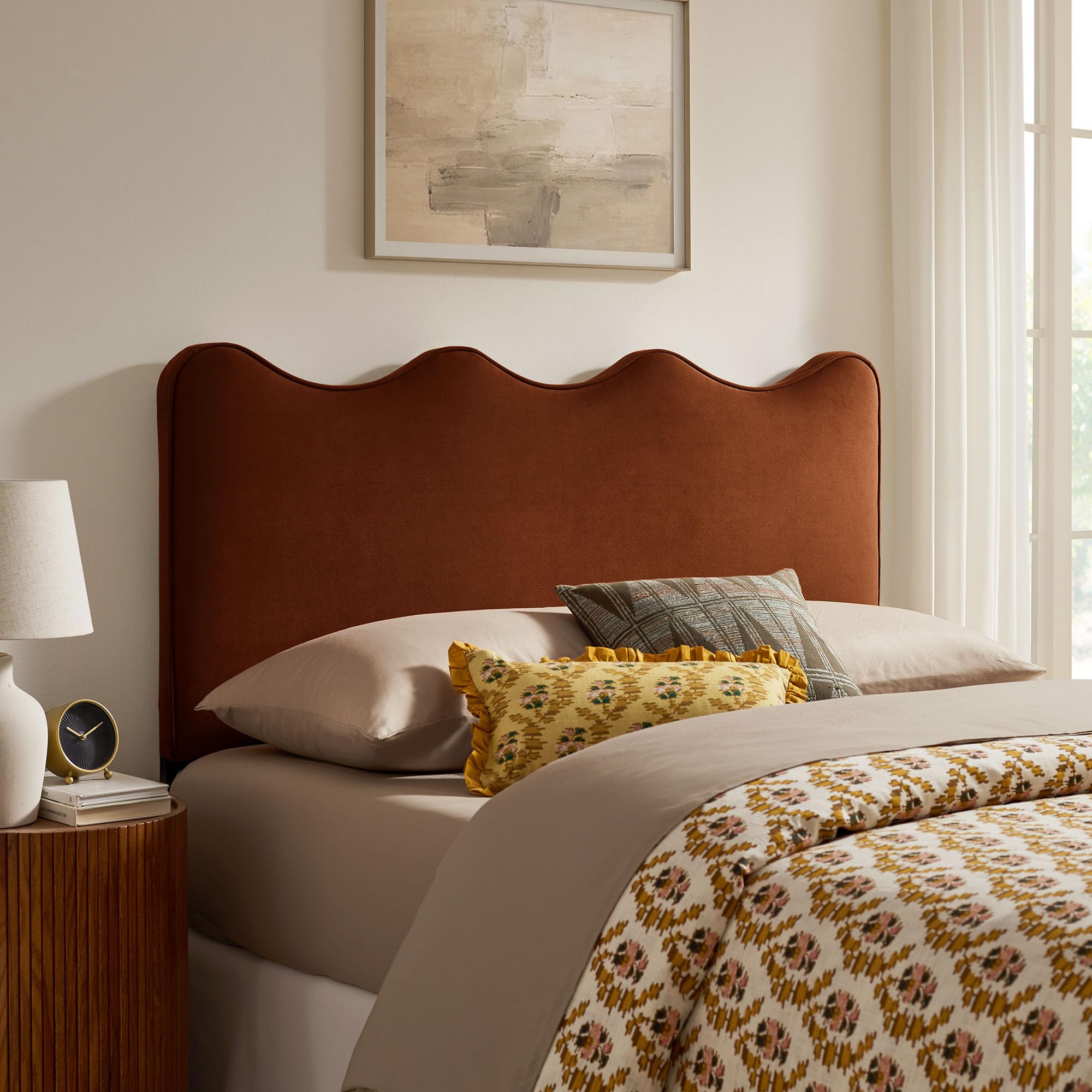 Monday Athena Striped Fabric Upholstered Full Size Adjustable Headboard in Oatmeal Stripe - with Scalloped Wave Design and Soft Linen-Like Fabric