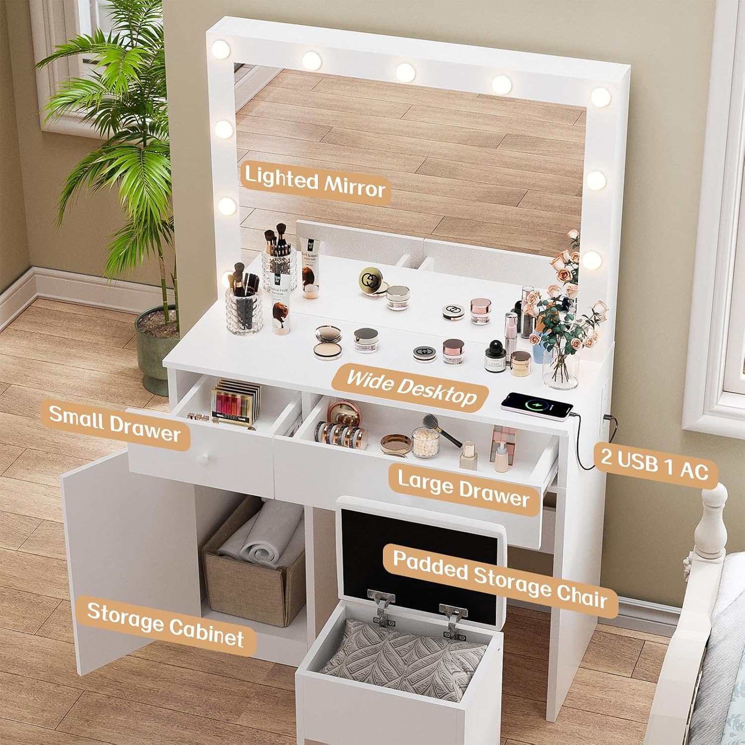 Haewon Vanity Desk with Mirror, 11 LED Lights and Power Outlet, Makeup Vanity Set with Storage Cabinet, Drawers and Chair, White Dressing Table with 3 Adjustable Light Modes for Bedroom
