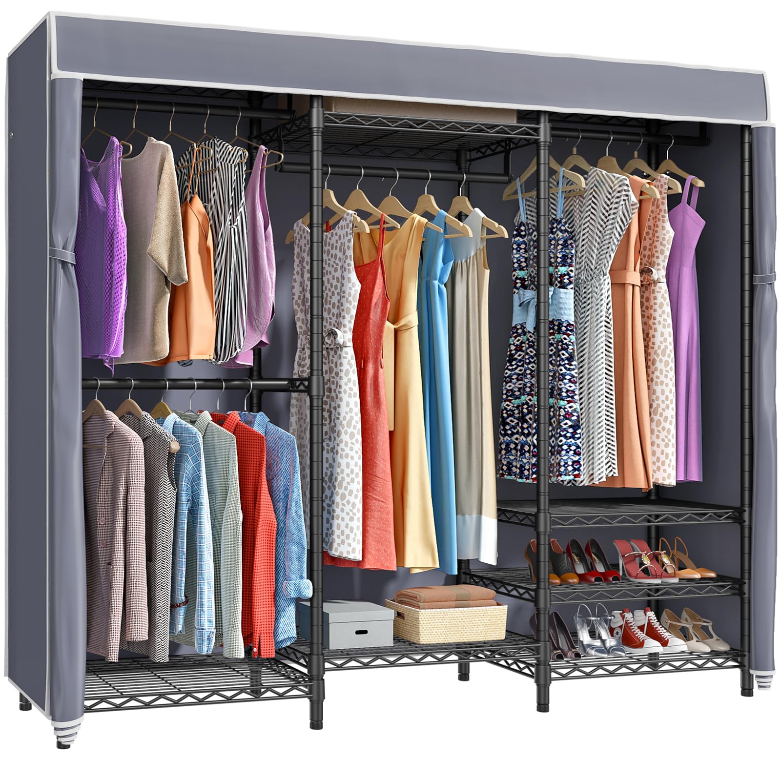 VIPEK V5C Heavy Duty Covered Clothes Rack Portable Closet Rack, Black Metal Clothing Rack with Black Upgarded Polyester Cover, Adjustable Custom Freestanding Closet Wardrobe, Max Load 800LBS