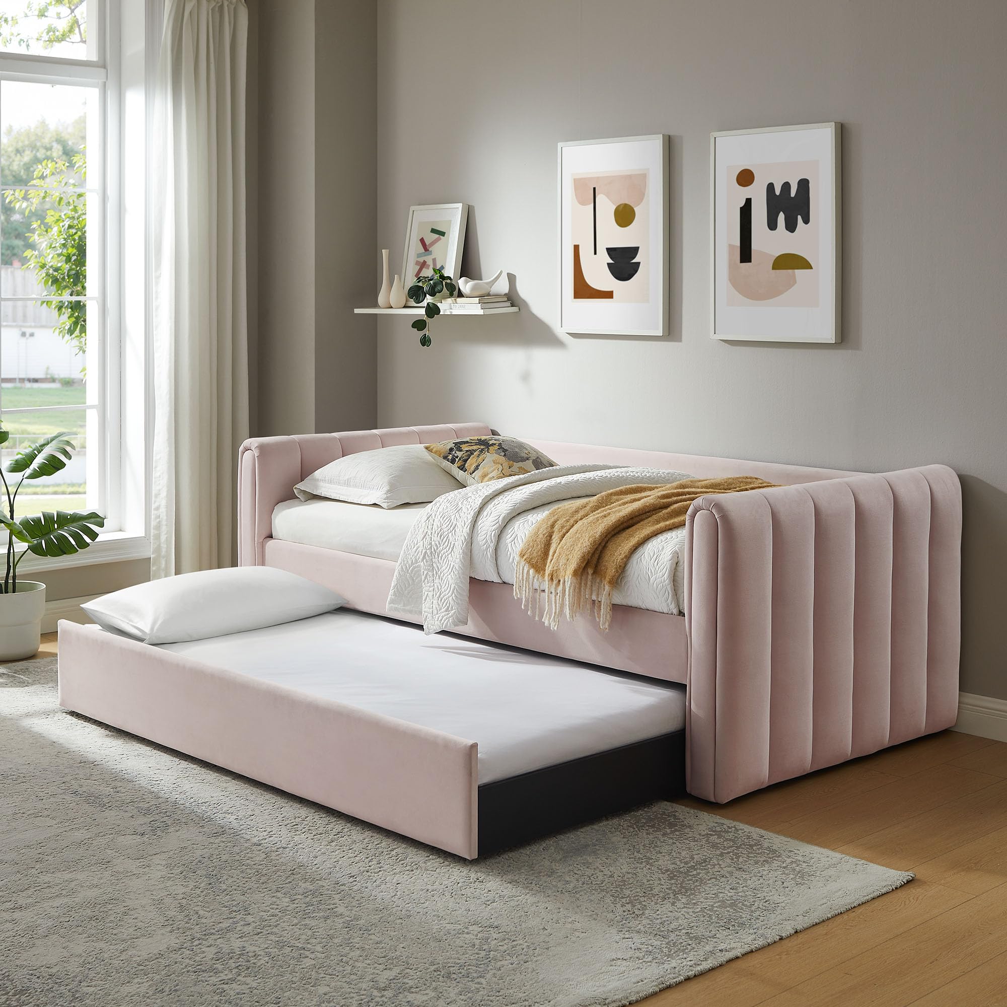 Veyla Twin Size Boucle Fabric Daybed in Cloud with Trundle – Channel Tufted Upholstered Sofa Bed with Wood Slat Support