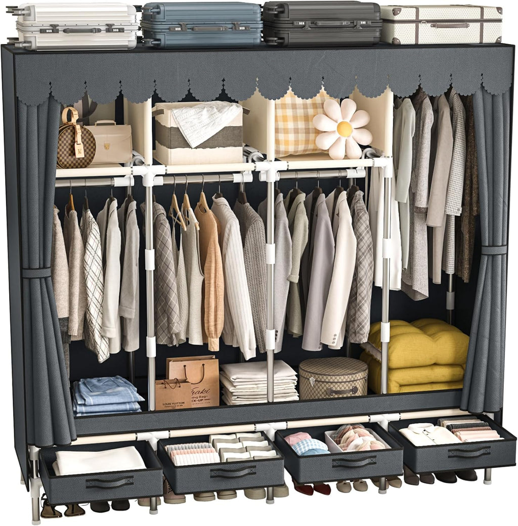 Large Portable Wardrobe with 4 Hanging Rods and Drawers, Armoire, Metal Storage Wardrobe Hangers, Upgraded Grey Non-Woven Dust Cover for Handing Closet,Large Closets for Bedroom
