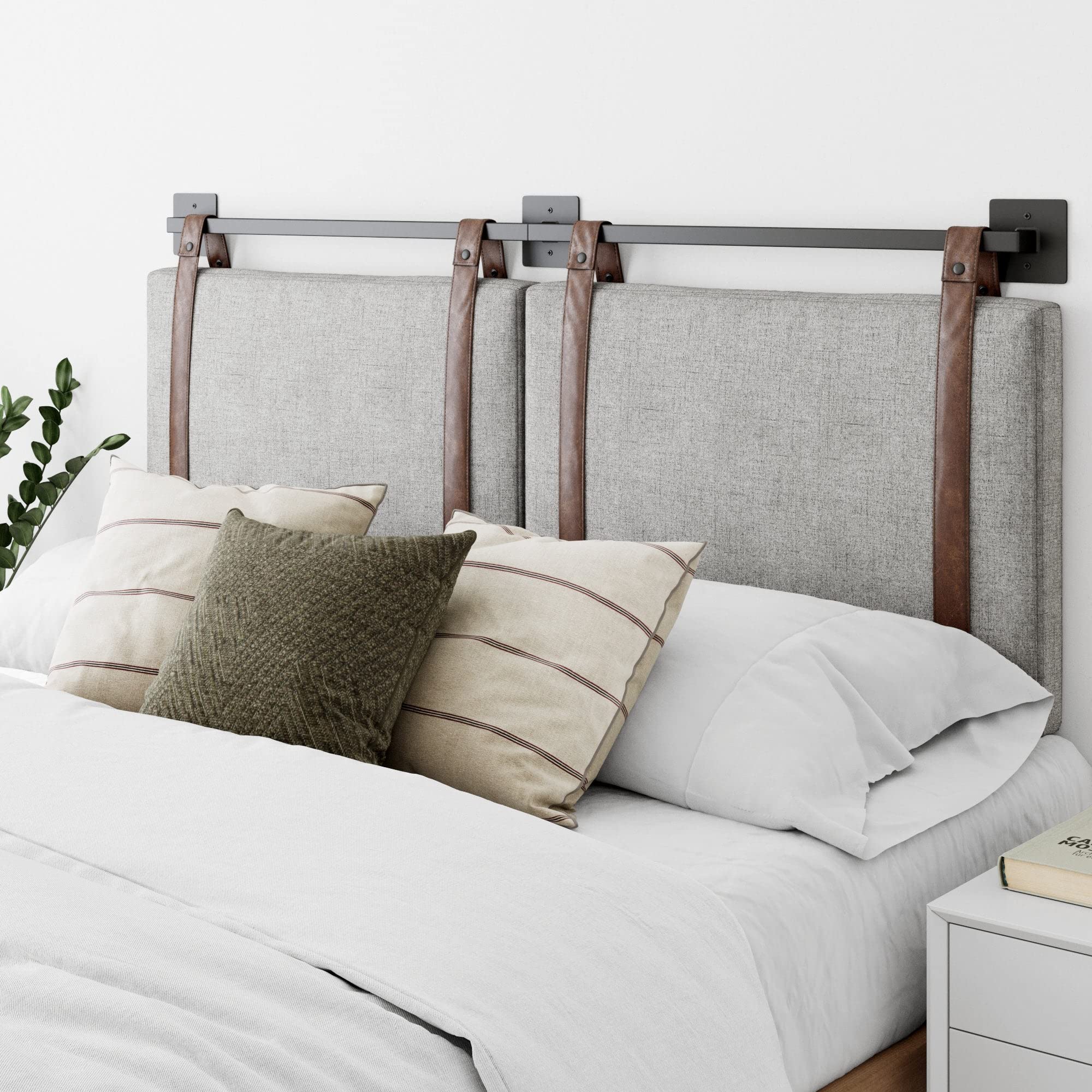 Nathan James Charlie Wall Mount Hanging Upholstered Headboard, Queen, White Boucle with Brown Faux Leather Straps