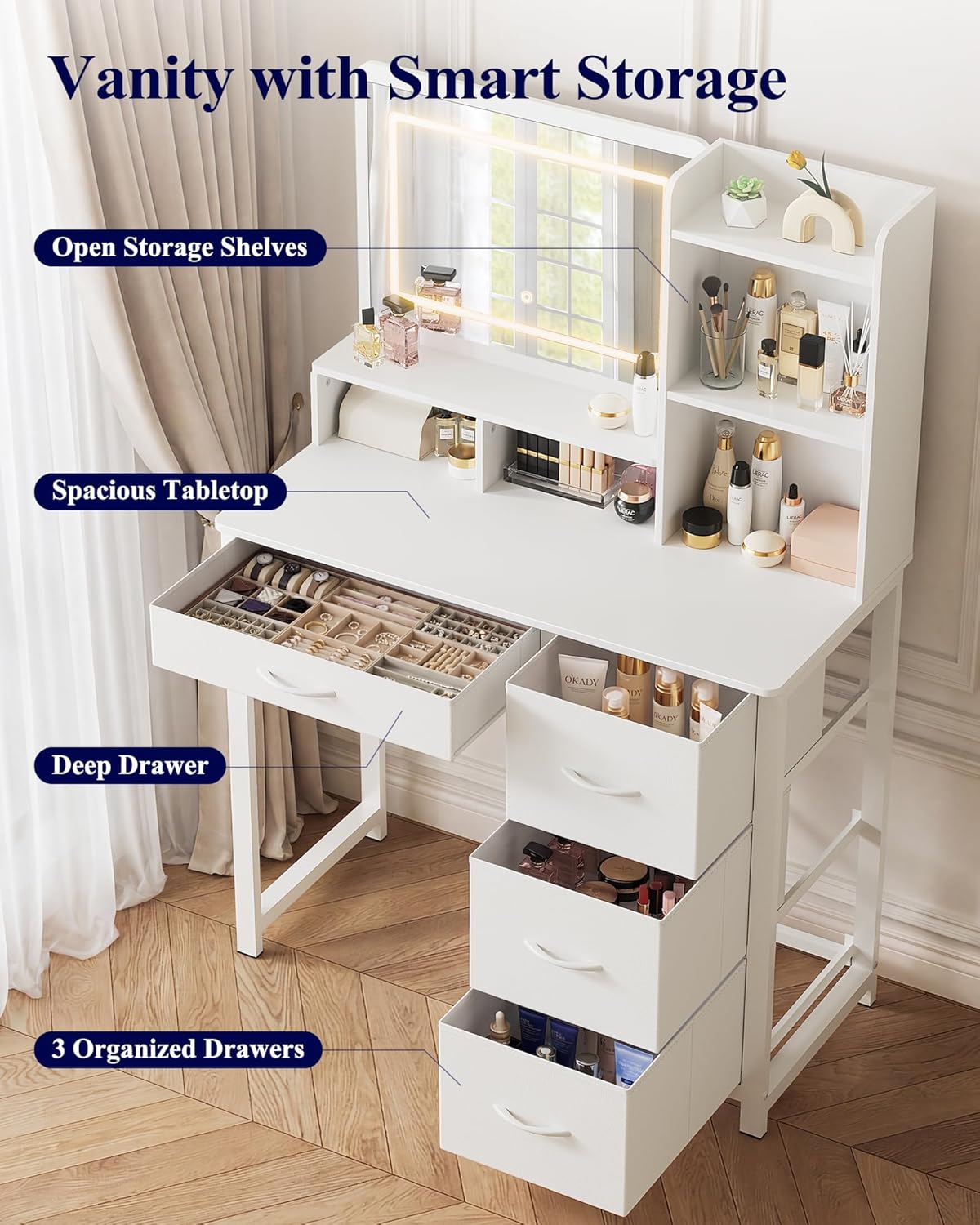 Kitsure Vanity Desk with Mirror and Lights - Large Capacity Makeup Vanity with 4 Fabric Storage Drawers & 3 Lighting Modes, Vanity Table Set with Sturdy Metal Frame for Bedroom, White, 35" x 17" x 52"