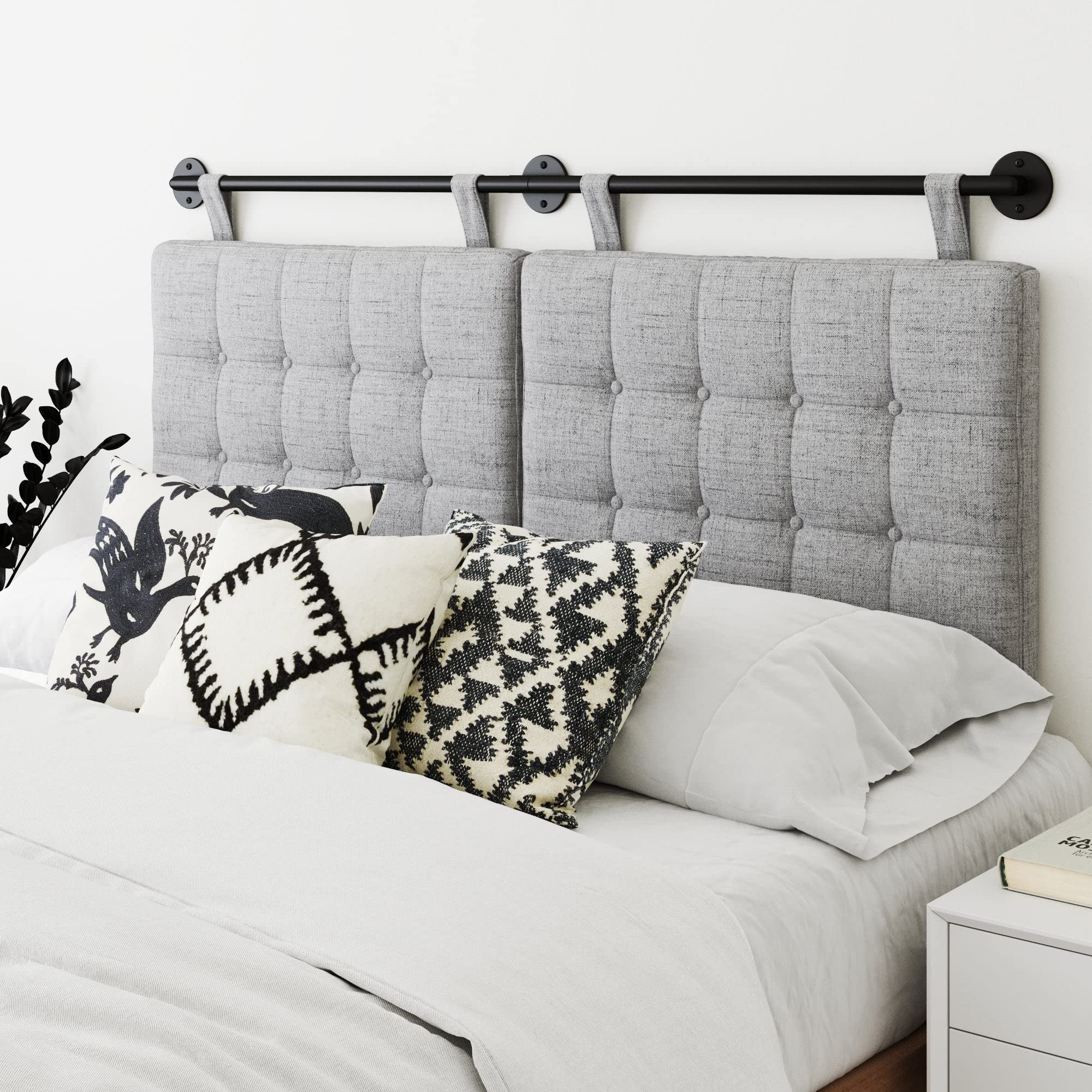 Nathan James Charlie Wall Mount Hanging Upholstered Headboard, Queen, White Boucle with Brown Faux Leather Straps