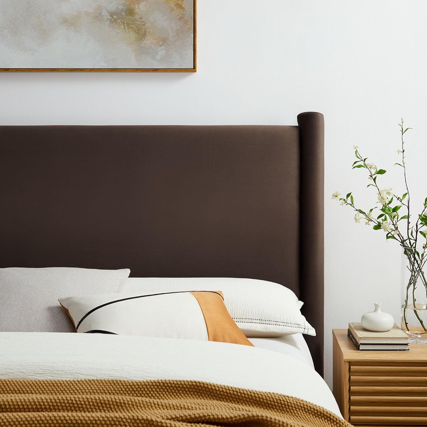 Modway Rael Queen Upholstered Headboard with Pillars in Chocolate Brown – Velvet Headboard – Stain-Resistant Performance Velvet Headboard for Queen Size Beds