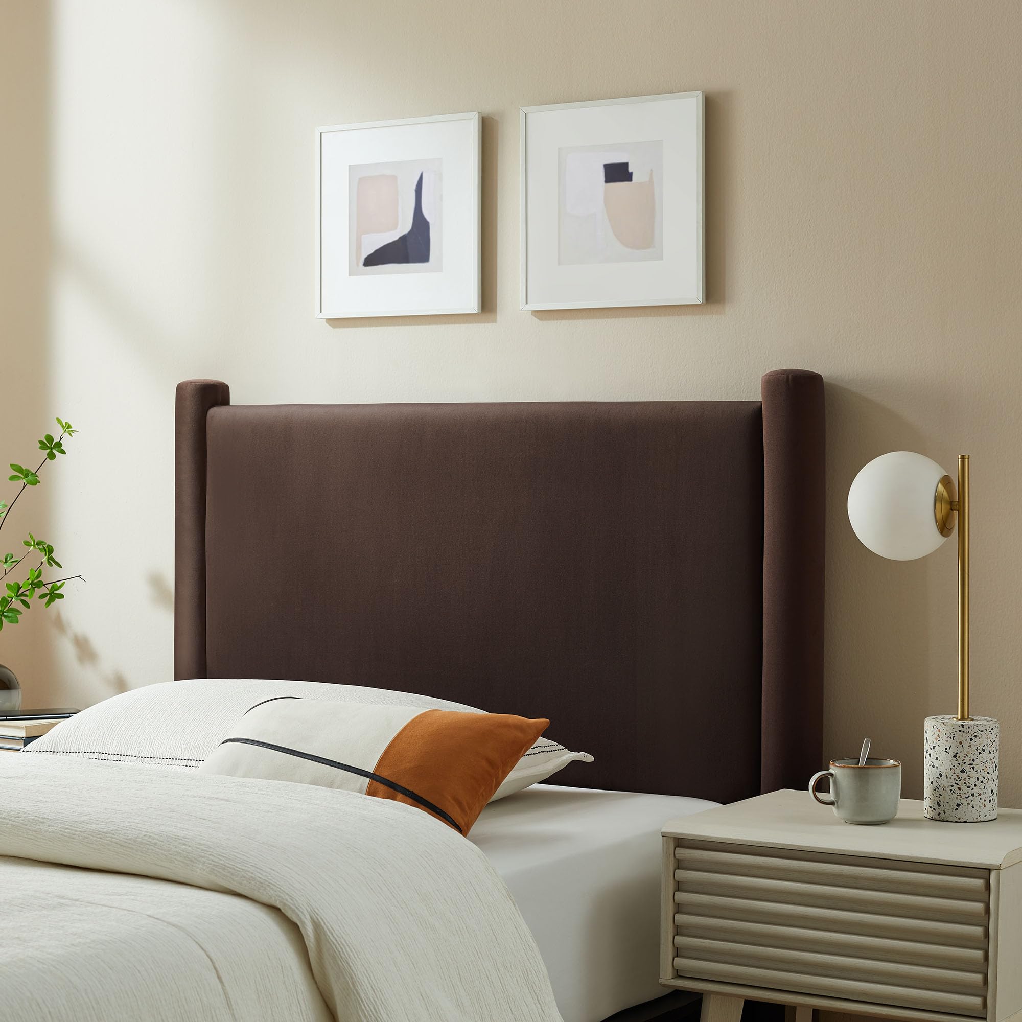 Modway Rael Queen Upholstered Headboard with Pillars in Chocolate Brown – Velvet Headboard – Stain-Resistant Performance Velvet Headboard for Queen Size Beds