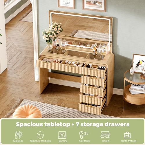 47“Makeup Vanity Desk with 44.8" Mirror and Lights, Vanity Desk with 7 Drawers, Makeup Vanity Table with a Glass Tabletop, 3 Color Modes & Adjustable Brightness Dressing Table, Bedroom,Oak