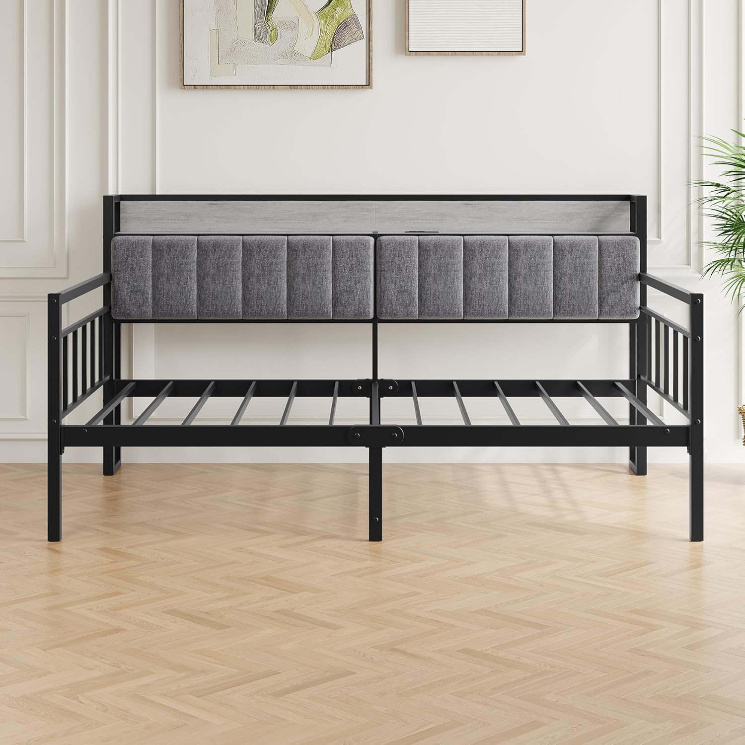 BOFENG Metal Daybed Frame Twin Size with Charging Station,Metal Twin Bed Frame with Upholstered Headboard with Strong Steel Slats for Living Room,Bedroom and Guest Room