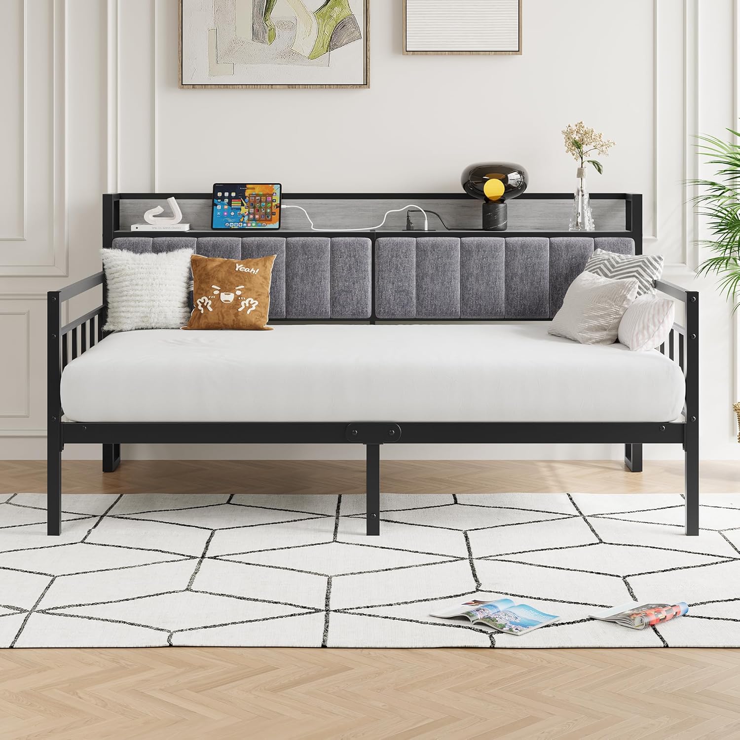 BOFENG Metal Daybed Frame Twin Size with Charging Station,Metal Twin Bed Frame with Upholstered Headboard with Strong Steel Slats for Living Room,Bedroom and Guest Room