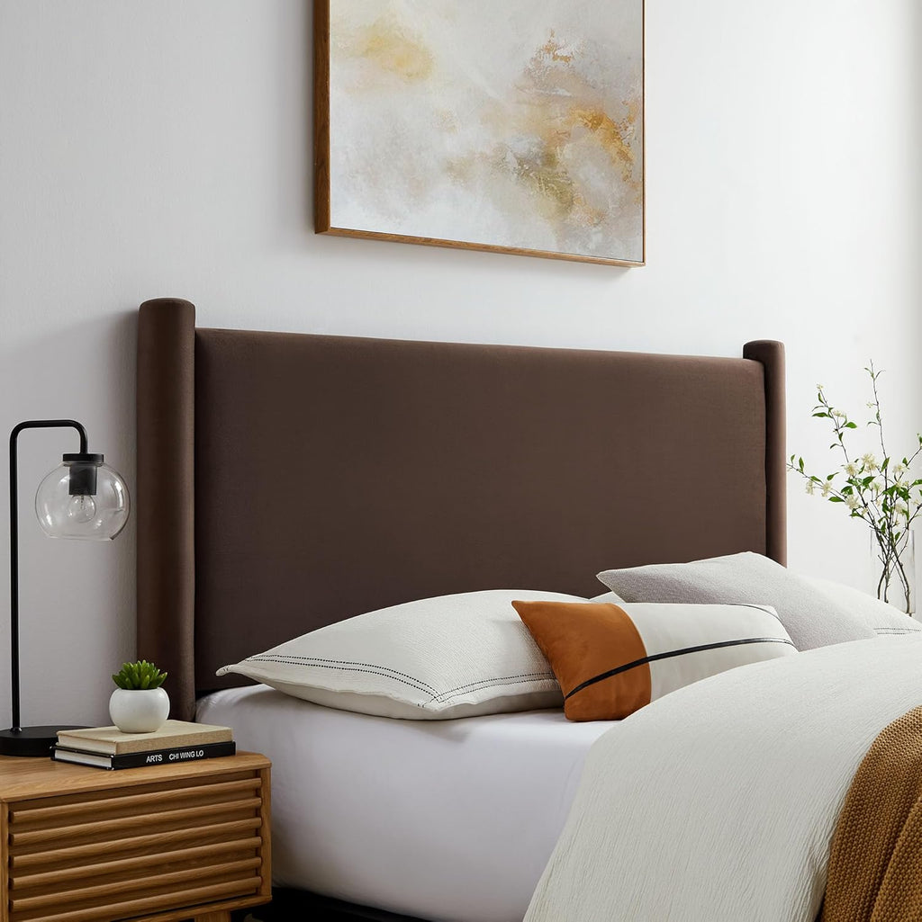 Modway Rael Queen Upholstered Headboard with Pillars in Chocolate Brown – Velvet Headboard – Stain-Resistant Performance Velvet Headboard for Queen Size Beds