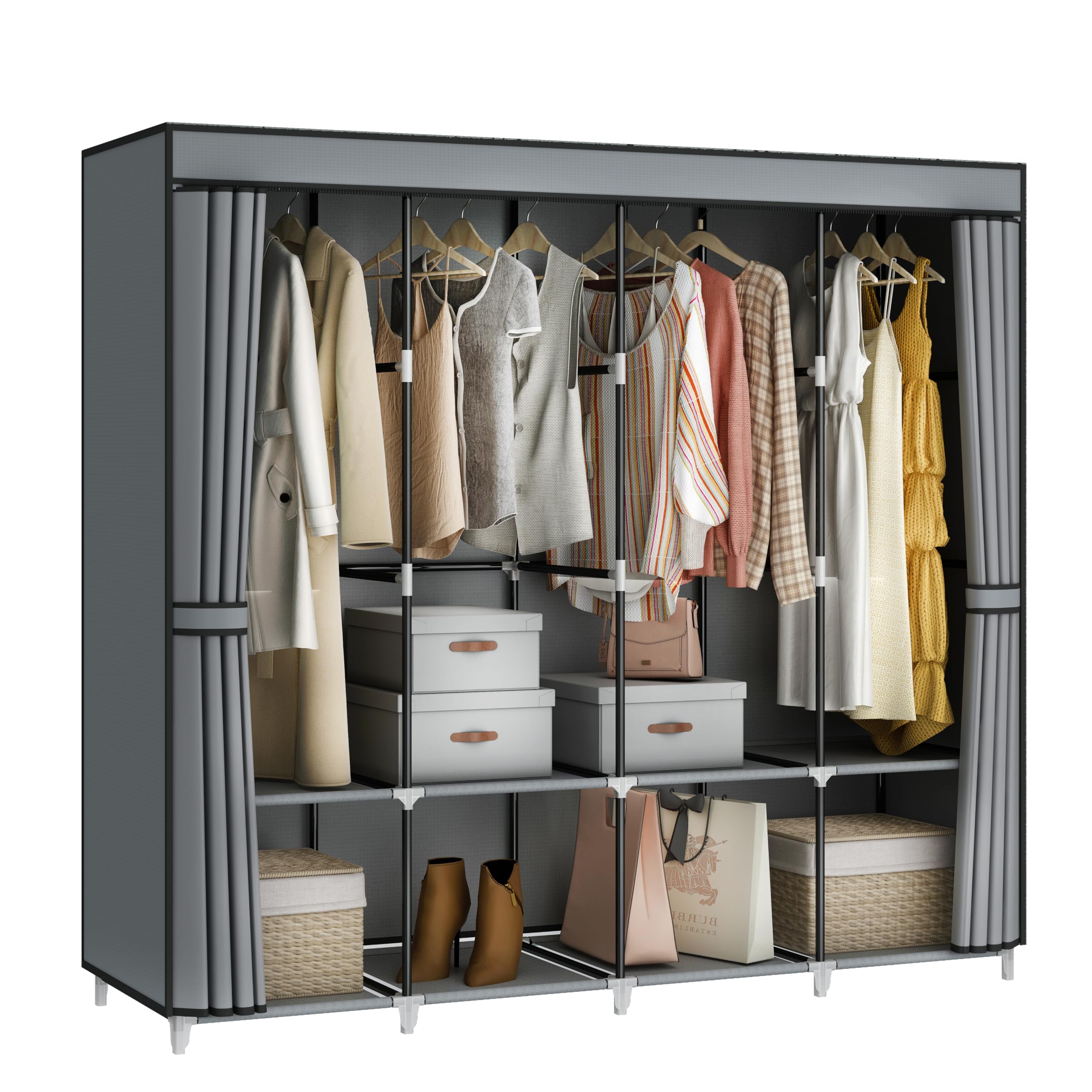 MOGELAFOO Portable Closet Wardrobe, 67-Inch Clothes Organizer with 4 Hanging Rods and 8 Shelves, Non-Woven Fabric Cover, Large Capacity Storage for Bedroom and Living Room, Black