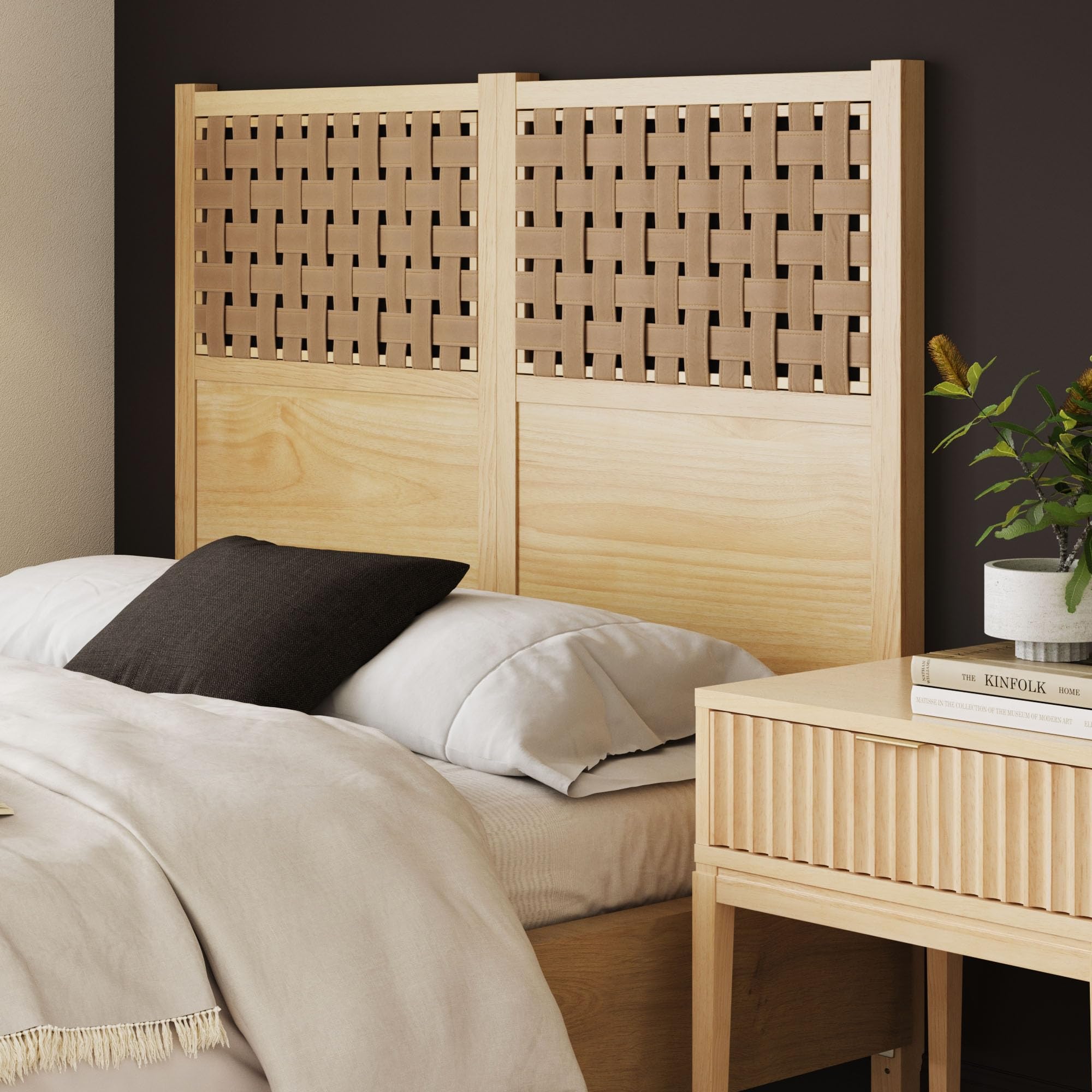 Nathan James Charlie Wall Mount Hanging Upholstered Headboard, Queen, White Boucle with Brown Faux Leather Straps