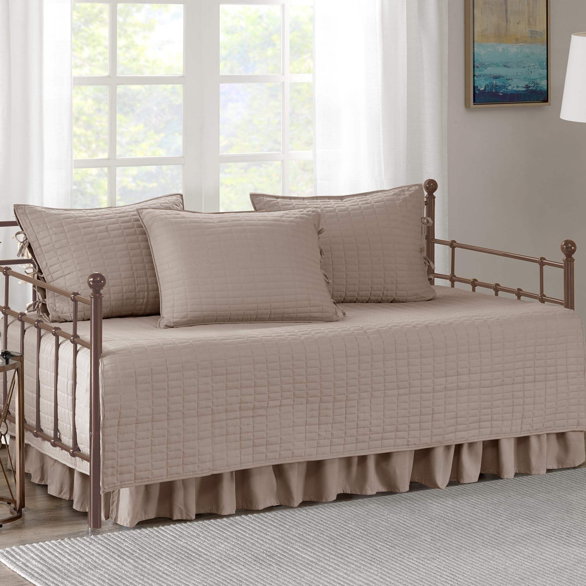 Comfort Spaces Daybed Cover - Luxe Double Sided-Quilting, All Season Cozy Bedding with Bedskirt, Matching Shams, Kienna Grey 75"x39" 5 Piece,100% Microfiber