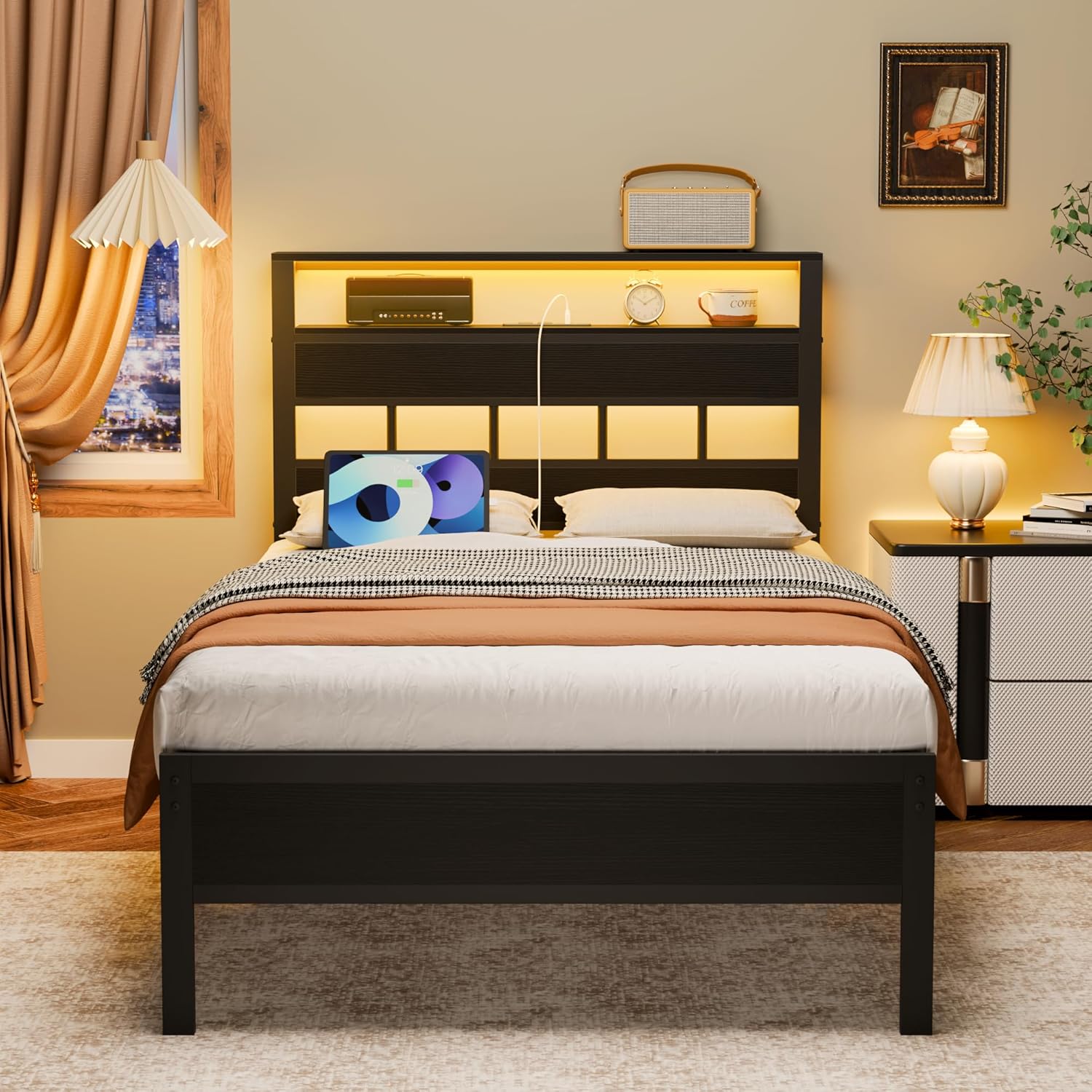Furnulem Twin Bed Frames with Charging Station and LED Lights, Twin Size Platform Bed with Metal Slats, Wood Headboard with 2-Tier Storage Shelves, No Box Spring Needed, Black Oak
