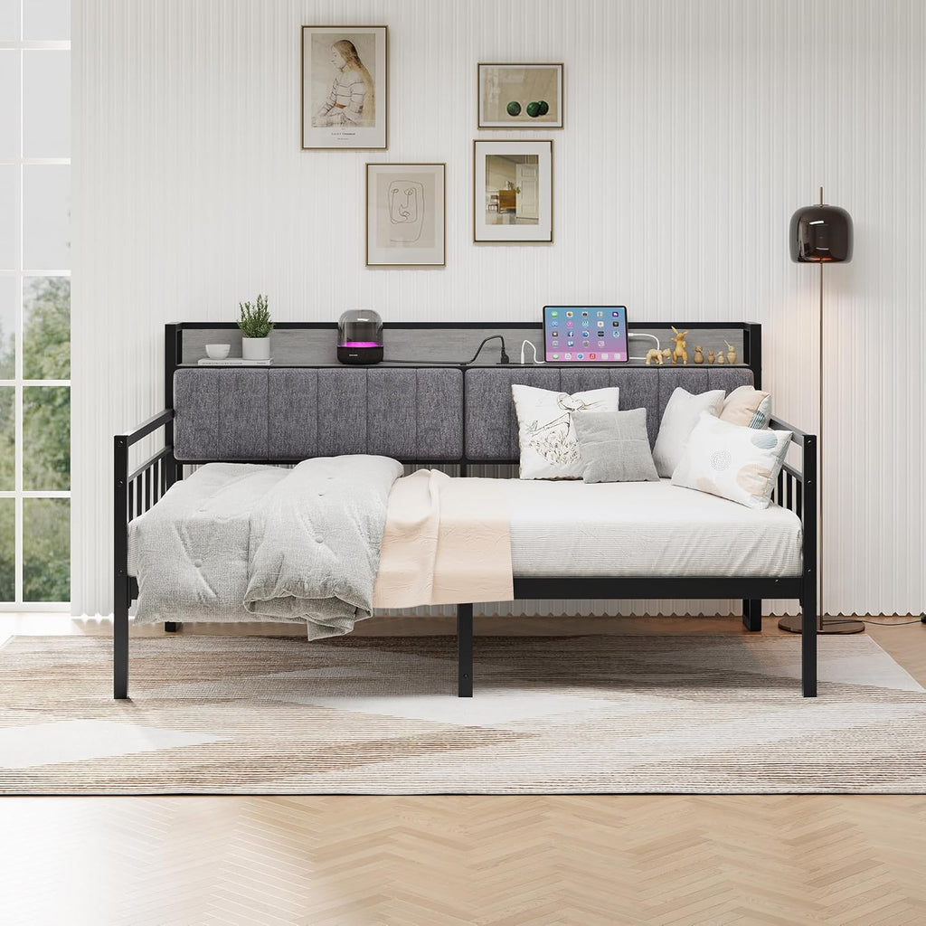 BOFENG Metal Daybed Frame Twin Size with Charging Station,Metal Twin Bed Frame with Upholstered Headboard with Strong Steel Slats for Living Room,Bedroom and Guest Room