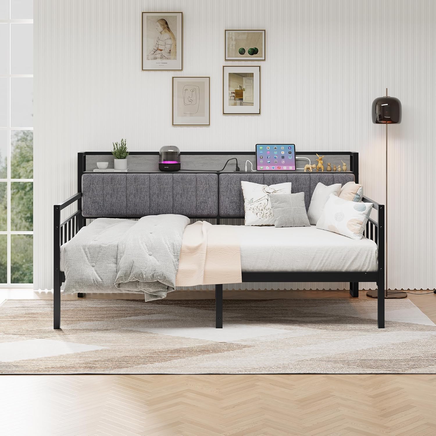 BOFENG Metal Daybed Frame Twin Size with Charging Station,Metal Twin Bed Frame with Upholstered Headboard with Strong Steel Slats for Living Room,Bedroom and Guest Room