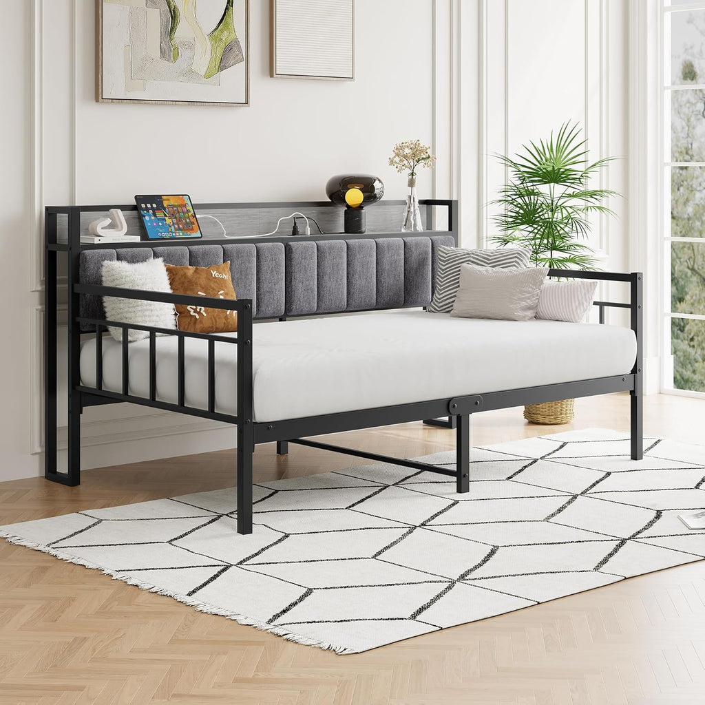 BOFENG Metal Daybed Frame Twin Size with Charging Station,Metal Twin Bed Frame with Upholstered Headboard with Strong Steel Slats for Living Room,Bedroom and Guest Room