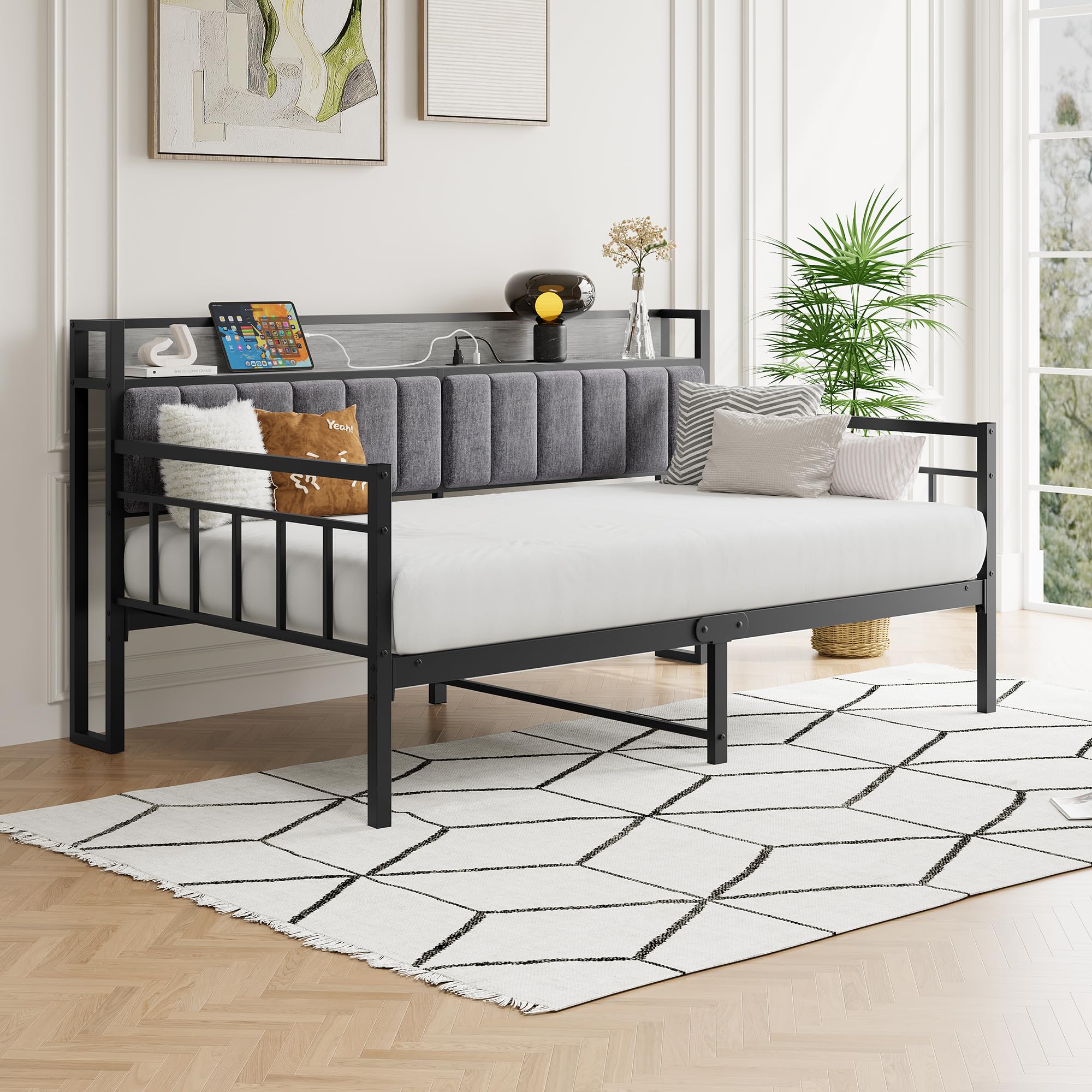 BOFENG Metal Daybed Frame Twin Size with Charging Station,Metal Twin Bed Frame with Upholstered Headboard with Strong Steel Slats for Living Room,Bedroom and Guest Room