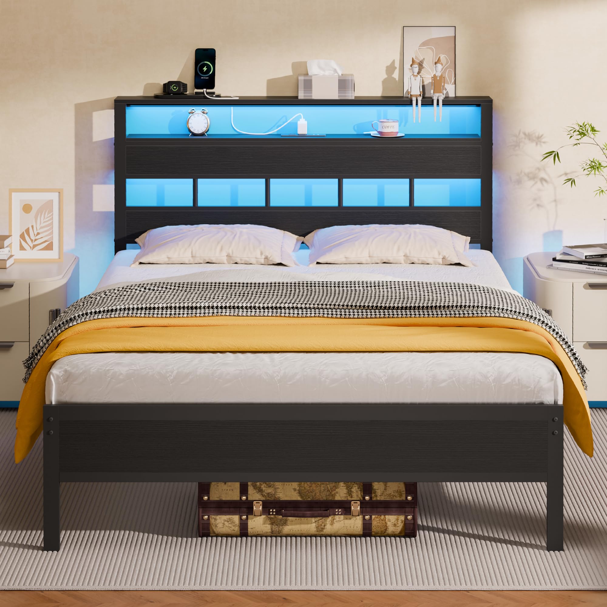 Furnulem Twin Bed Frames with Charging Station and LED Lights, Twin Size Platform Bed with Metal Slats, Wood Headboard with 2-Tier Storage Shelves, No Box Spring Needed, Black Oak