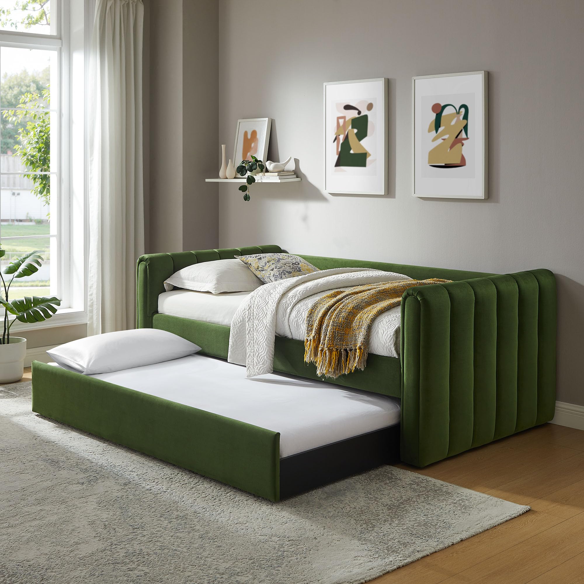 Veyla Twin Size Boucle Fabric Daybed in Cloud with Trundle – Channel Tufted Upholstered Sofa Bed with Wood Slat Support