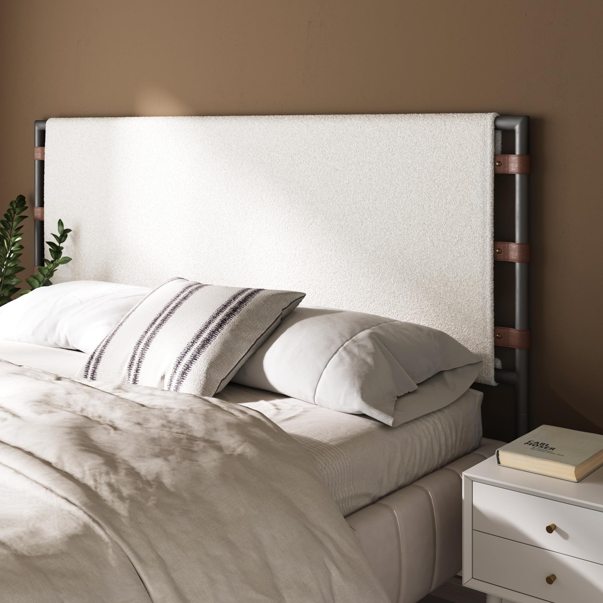 Nathan James Charlie Wall Mount Hanging Upholstered Headboard, Queen, White Boucle with Brown Faux Leather Straps