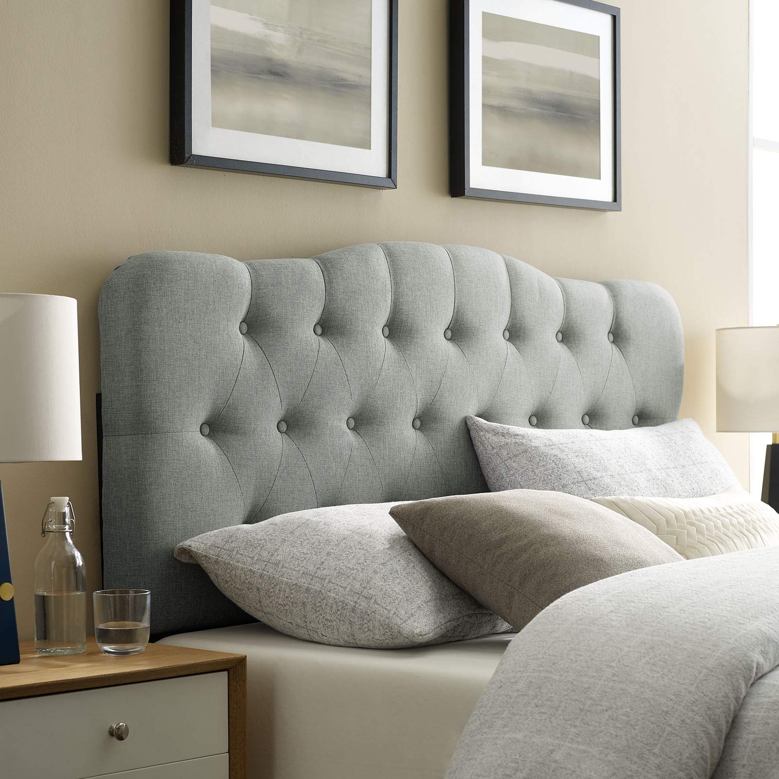 Modway Annabel Tufted Button Linen Fabric Upholstered Full Headboard in Ivory