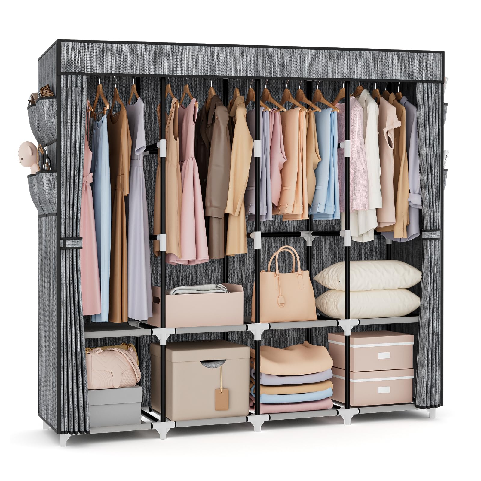 VTRIN Portable Closet for Hanging Clothes 67 Inch Wide Large Capacity Portable Wardrobe Closet with Cover, 4 Storage Shelves and 4 Hanging Rod Sturdy Free Standing Closet for Bedroom, Black
