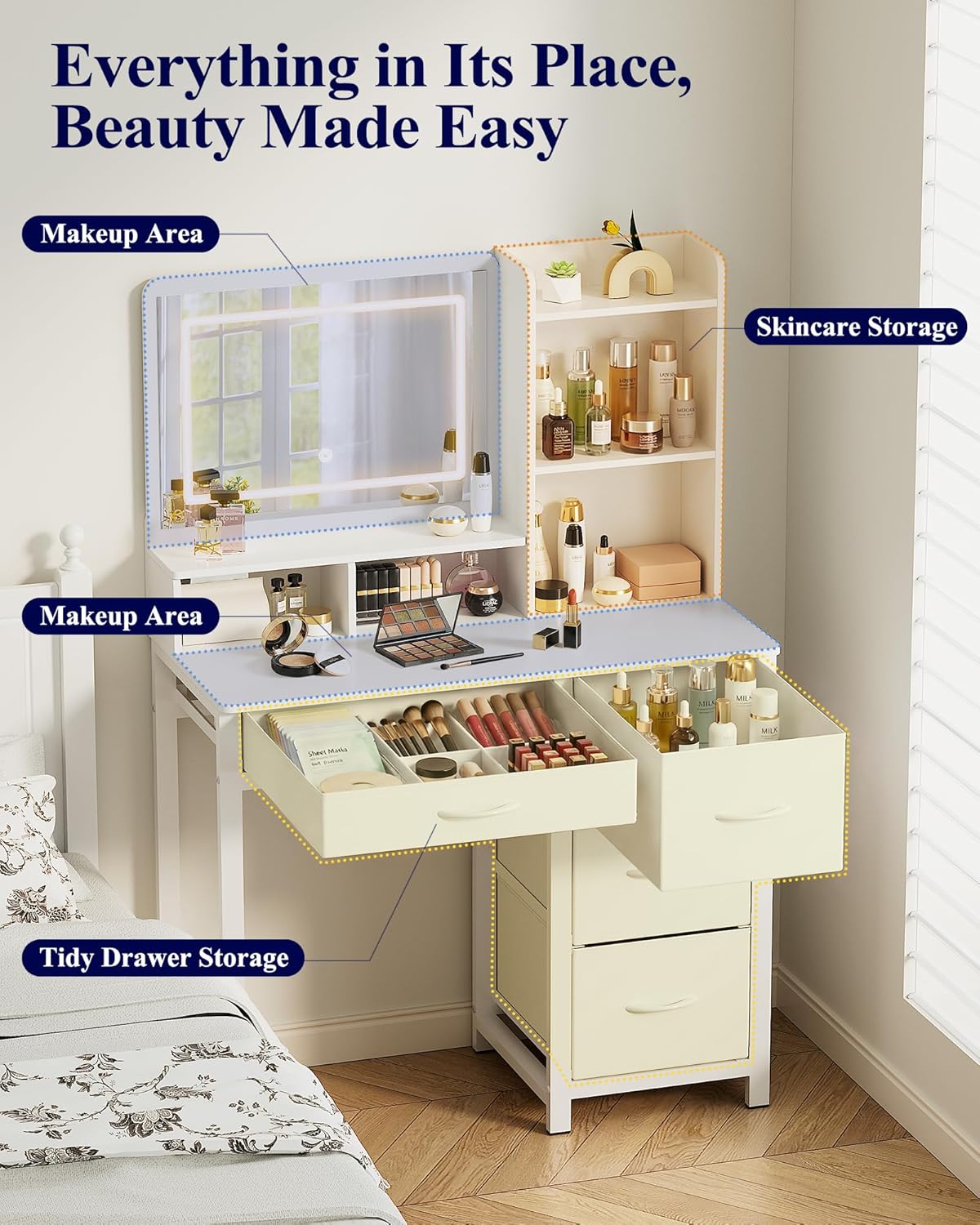 Kitsure Vanity Desk with Mirror and Lights - Large Capacity Makeup Vanity with 4 Fabric Storage Drawers & 3 Lighting Modes, Vanity Table Set with Sturdy Metal Frame for Bedroom, White, 35" x 17" x 52"
