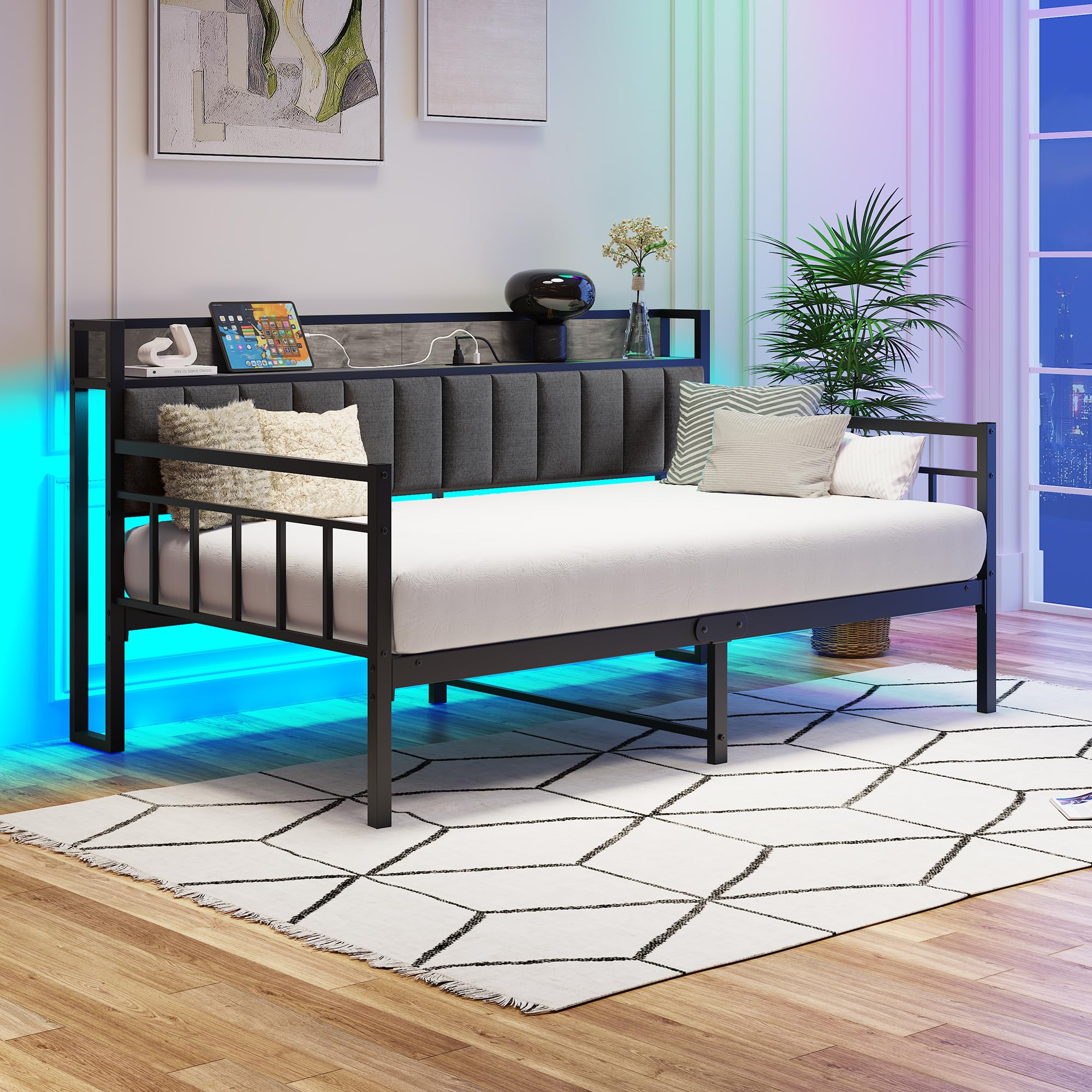 BOFENG Metal Daybed Frame Twin Size with Charging Station,Metal Twin Bed Frame with Upholstered Headboard with Strong Steel Slats for Living Room,Bedroom and Guest Room