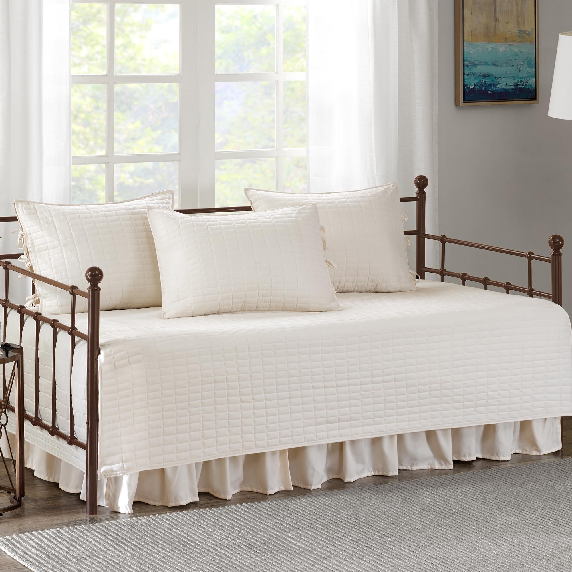 Comfort Spaces Daybed Cover - Luxe Double Sided-Quilting, All Season Cozy Bedding with Bedskirt, Matching Shams, Kienna Grey 75"x39" 5 Piece,100% Microfiber