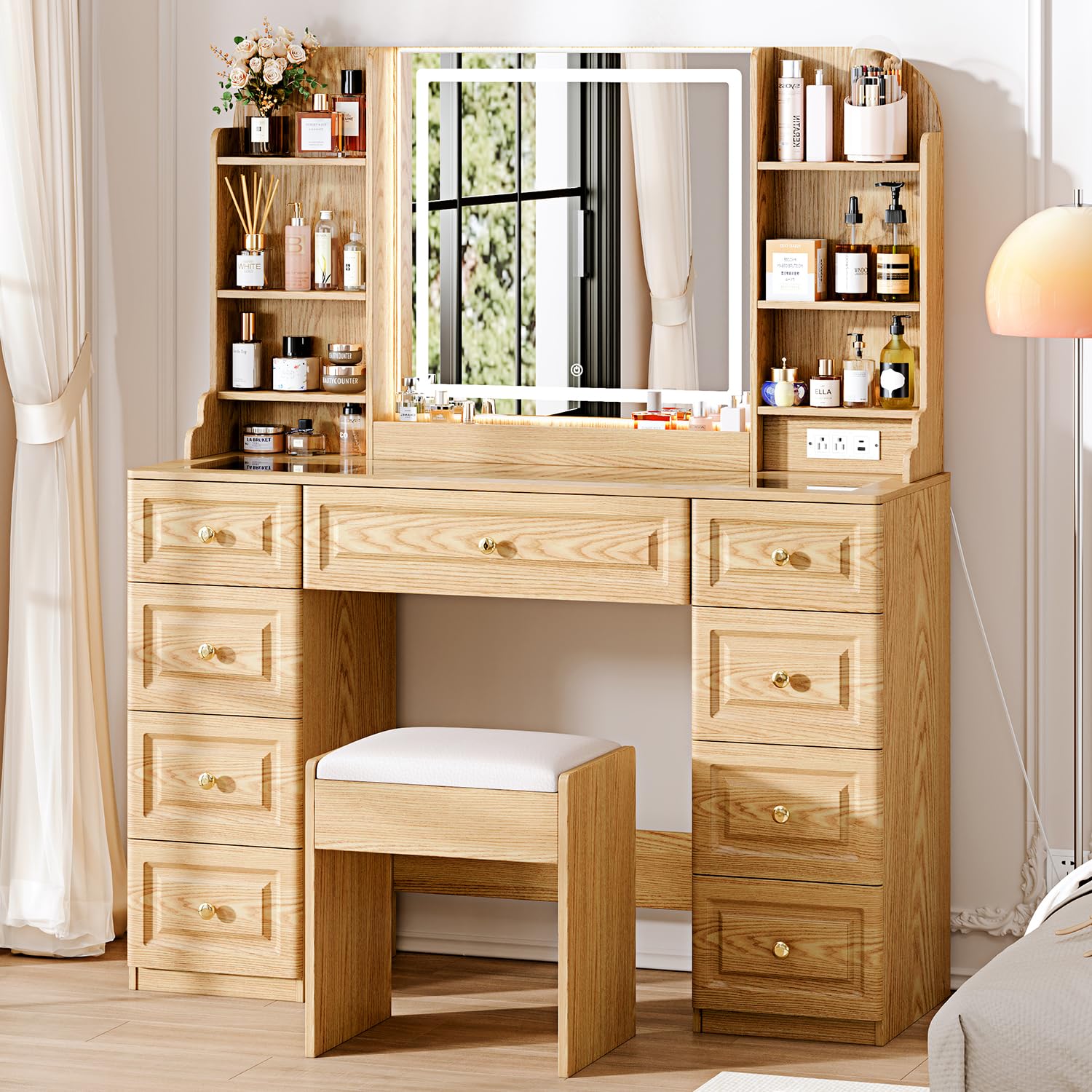 Arulvmrn 43" Makeup Vanity Desk with Mirror and Lights, & Power Outl, Glass Top Big Vanity Table with 9 Drawers& 8 Storage Shelves, Dressing Table Set with Chair for Bedroom, Oak