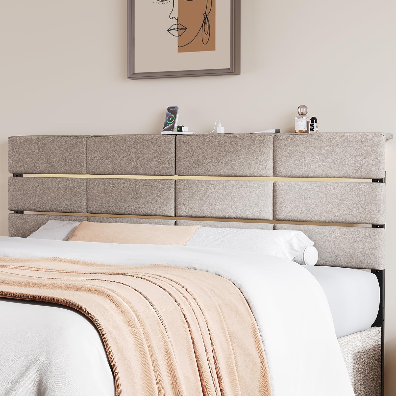 King/Cal King Size Upholstered Headboard, Adjustable Head Boards with LED Light & Charging Station, Bed Headboard Only, Attach Frame, Ideal for Bedroom, Dorm, Guest Room, Dark Grey