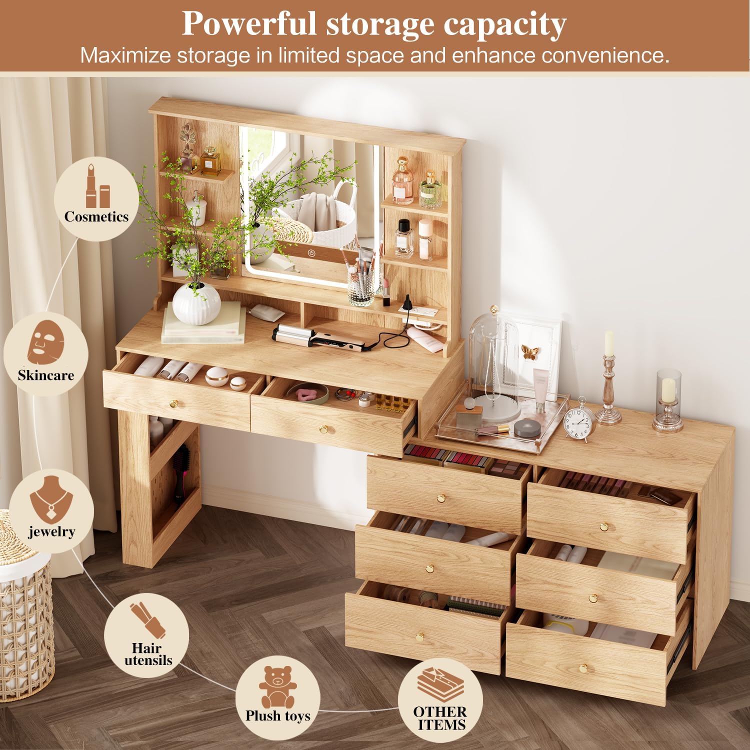 Ieejdn Makeup Vanity Desk with Mirror and Lights, Vanity Desk with 8 Drawers & Storage Shelves, Vanity Table with Power Outlet, 3 Color Modes & Adjustable Brightness Dressing Table, Bedroom,Oak2