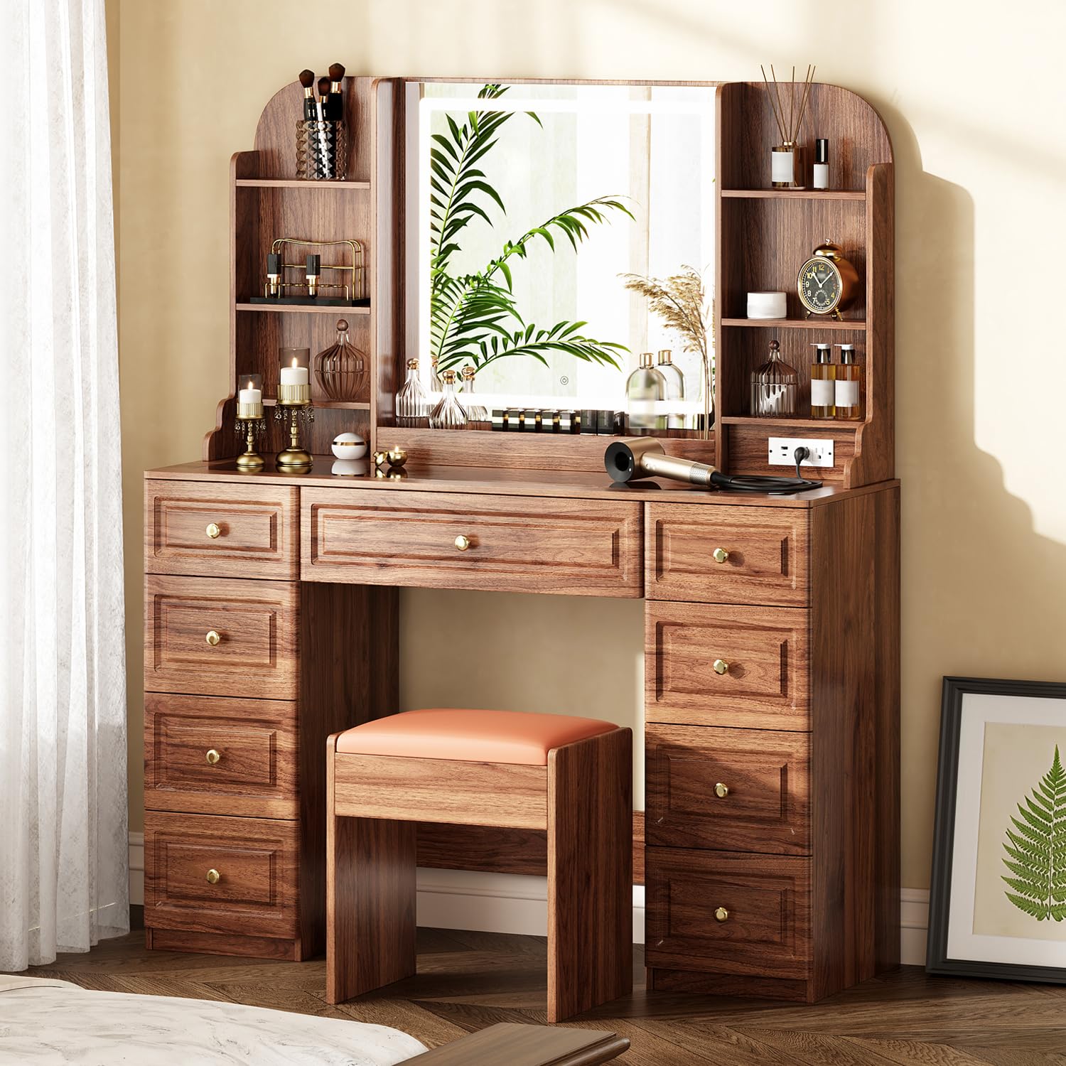 Arulvmrn 43" Makeup Vanity Desk with Mirror and Lights, & Power Outl, Glass Top Big Vanity Table with 9 Drawers& 8 Storage Shelves, Dressing Table Set with Chair for Bedroom, Oak