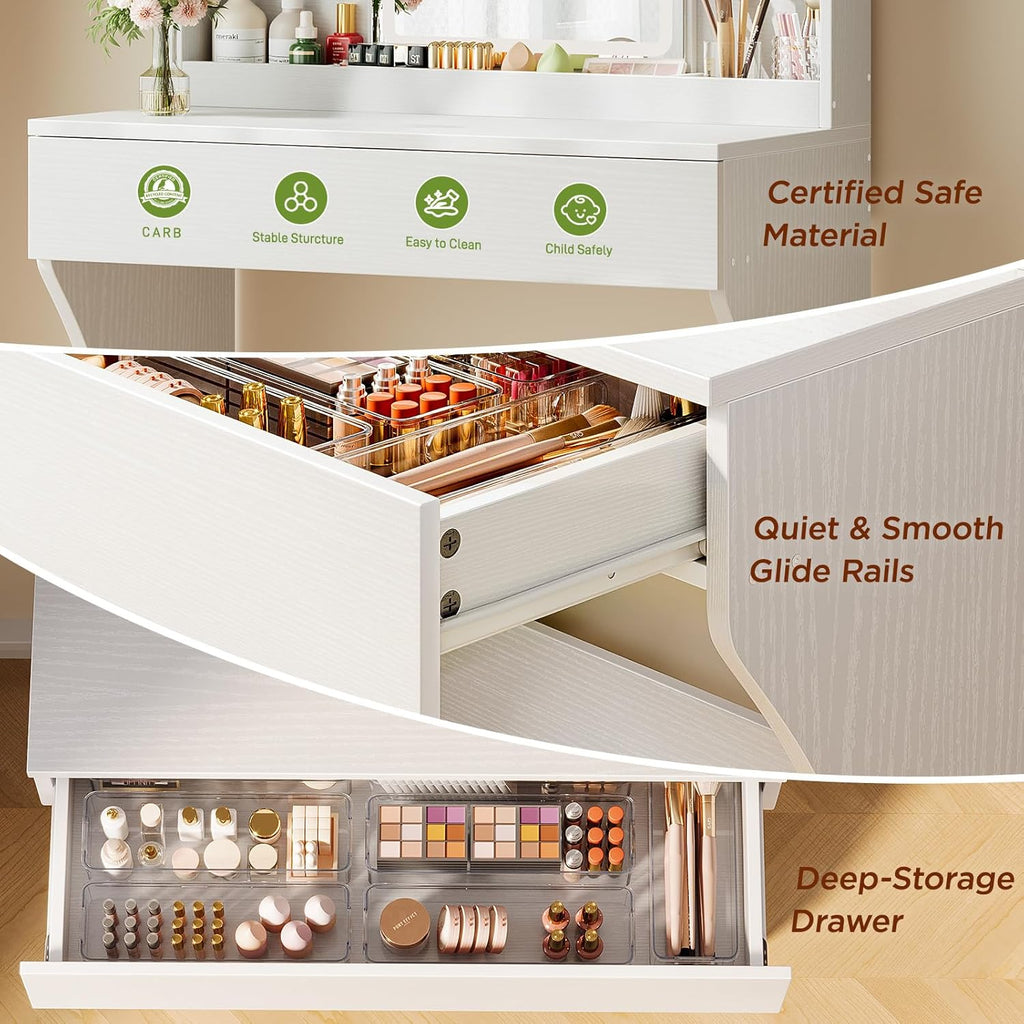 Small Vanity Desk with Mirror and Lights, Makeup Vanity with Storage Drawer, 2 Shelves and 3 Compartments - White