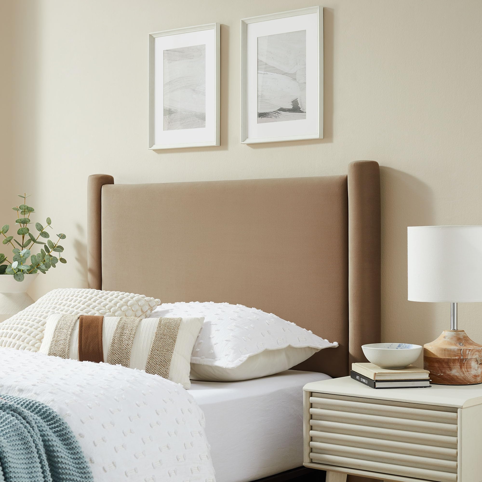 Modway Rael Queen Upholstered Headboard with Pillars in Chocolate Brown – Velvet Headboard – Stain-Resistant Performance Velvet Headboard for Queen Size Beds