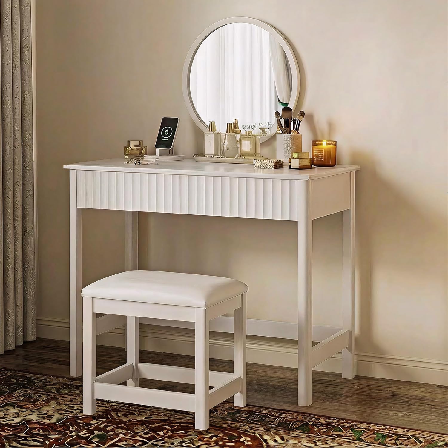 ChooChoo 40 Inch Modern Desk with Drawers, Makeup Vanity Desk with Padded Stool, Small Home Office Desk for Bedroom, White
