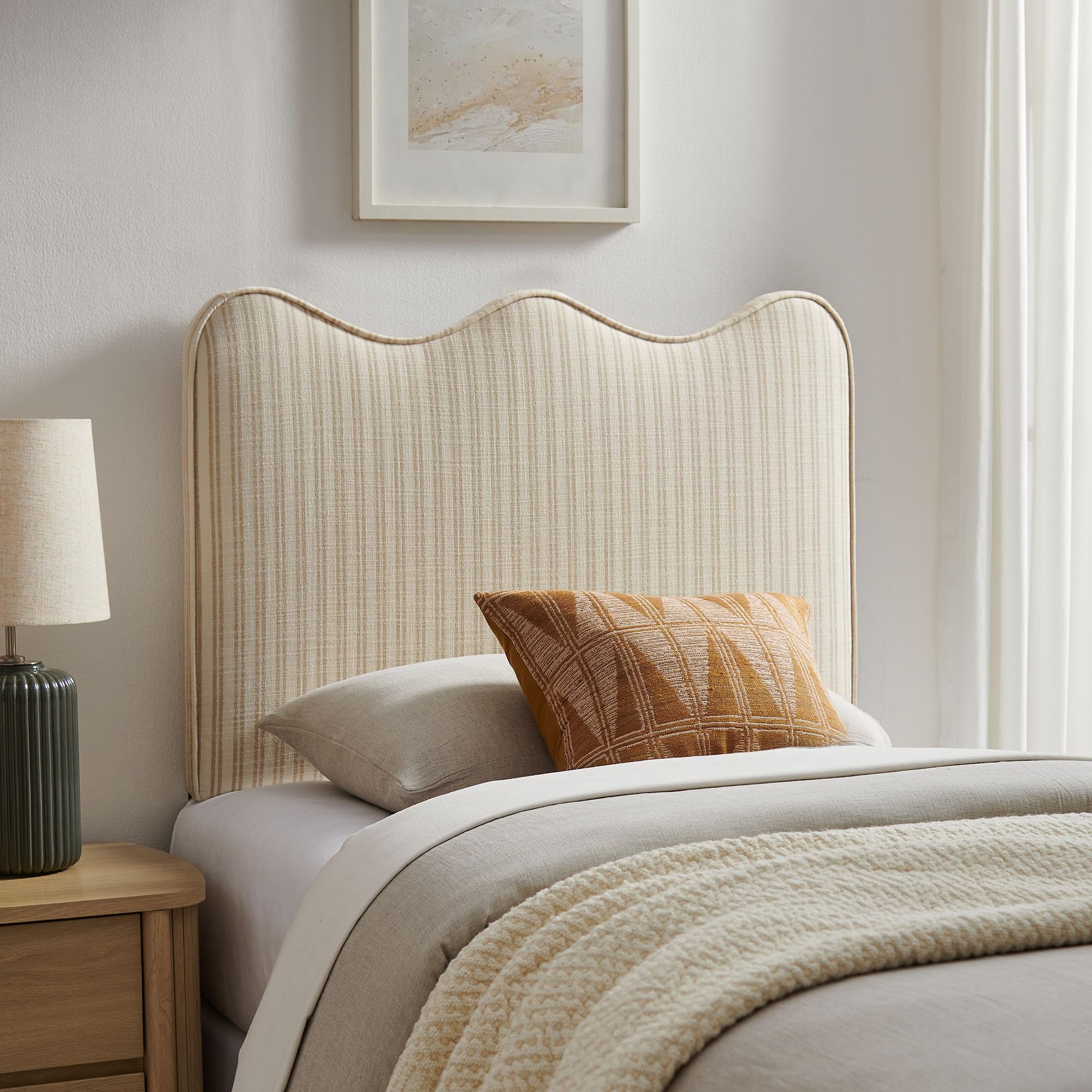 Monday Athena Striped Fabric Upholstered Full Size Adjustable Headboard in Oatmeal Stripe - with Scalloped Wave Design and Soft Linen-Like Fabric