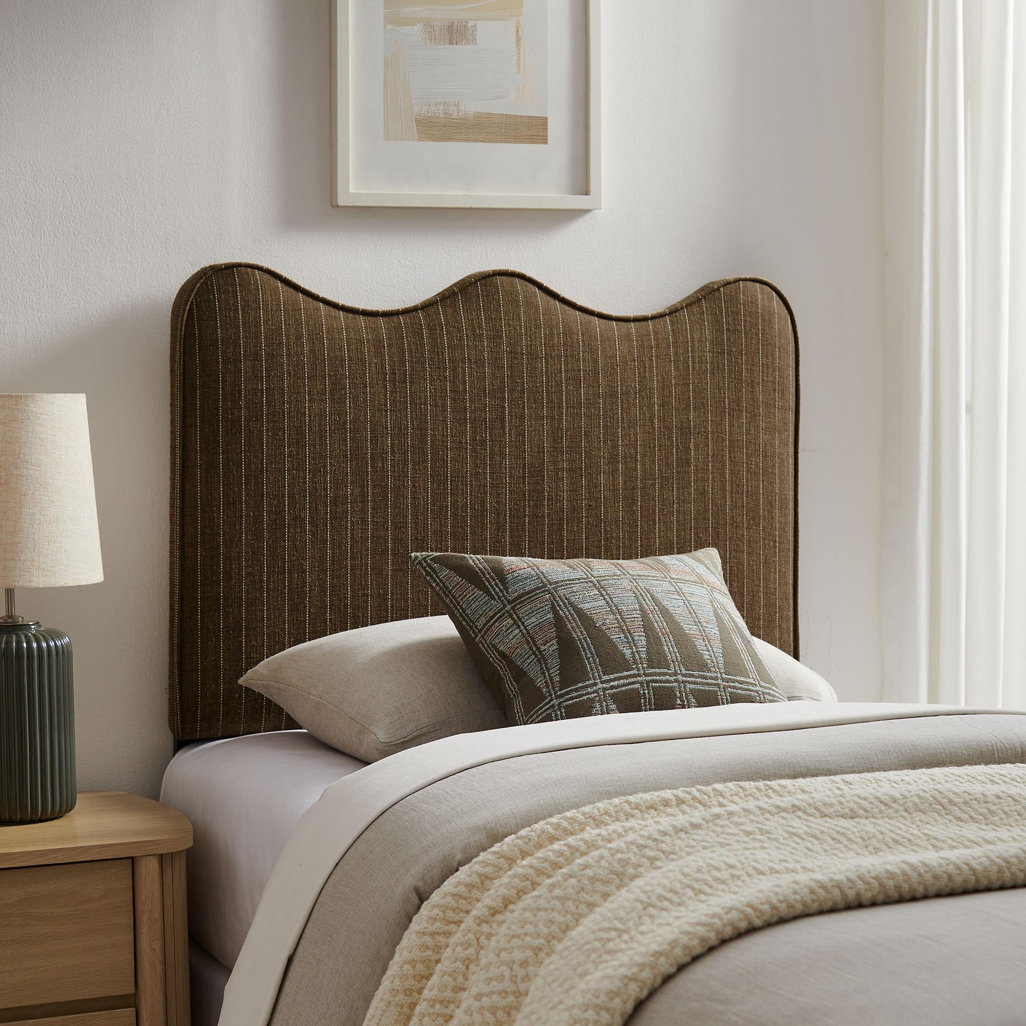 Monday Athena Striped Fabric Upholstered Full Size Adjustable Headboard in Oatmeal Stripe - with Scalloped Wave Design and Soft Linen-Like Fabric